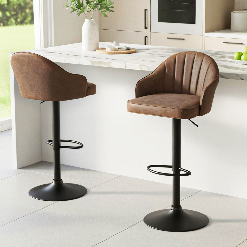 Artiss 2x Bar Stools Kitchen Swivel Gas Lift Counter Chair Shell Leather Brown Bedworld