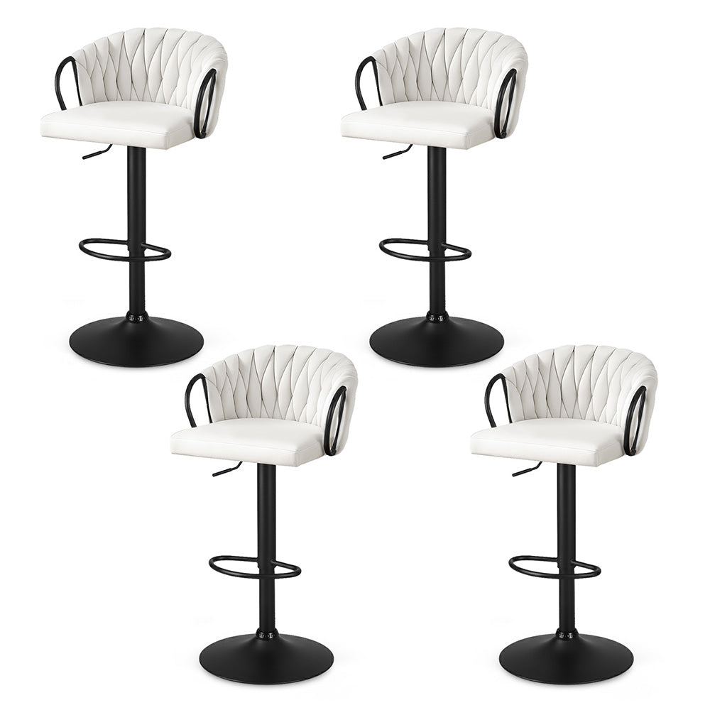Ivory woven velvet bar stool with quilted back, curved armrests, black swivel base