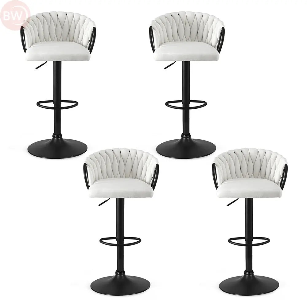 Ivory tufted velvet bar stool, black gas lift column, loop armrests, round pedestal base