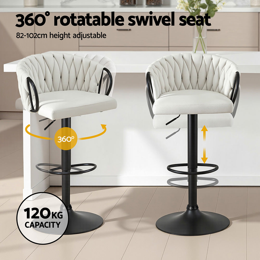 Ivory woven velvet swivel bar stool with black pedestal base and ring footrest
