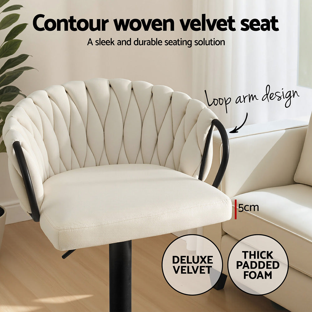 Ivory woven velvet bar stool seat with tufted backrest and loop armrests