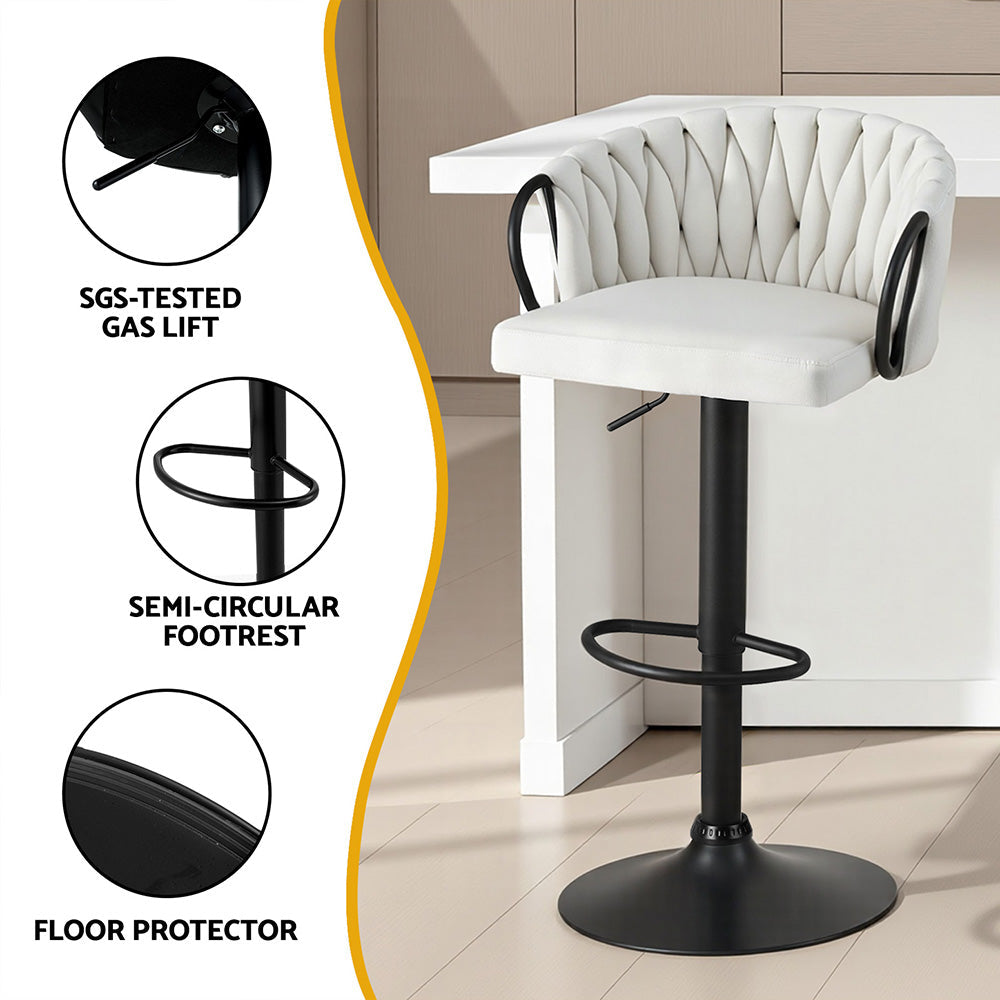 Ivory woven velvet bar stool with black gas-lift base and curved semi-circular footrest