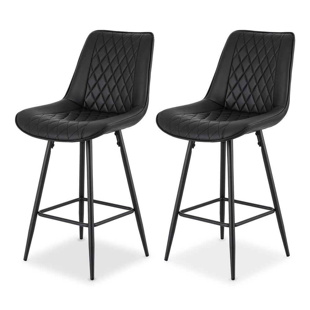 Black diamond-stitched bar stool with padded seat and curved back, metal legs