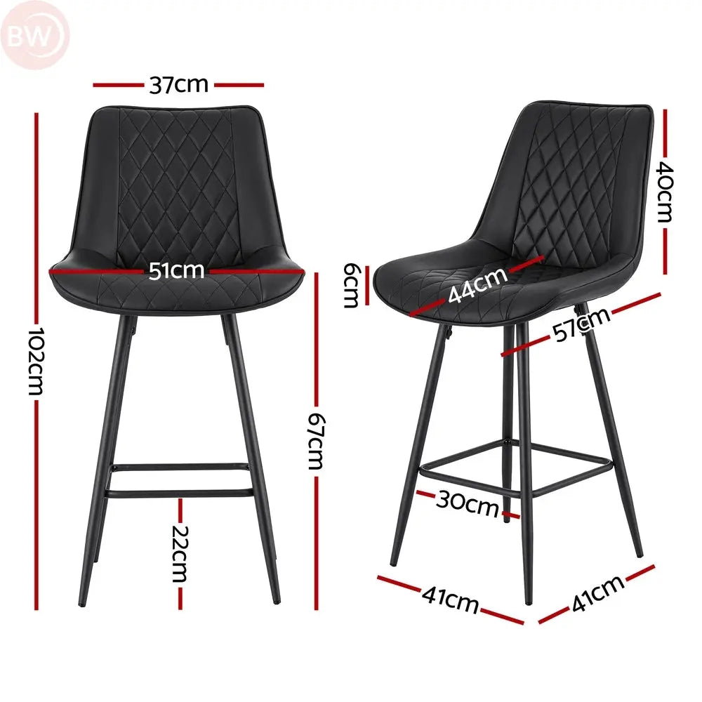 Black diamond-quilted PU bar stool with curved seat, padded backrest, and footrest