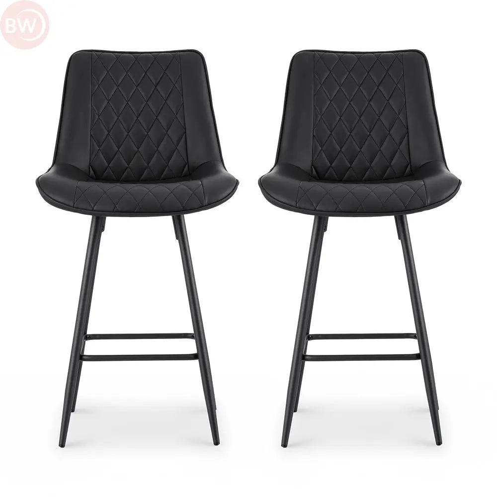Set of 2 black diamond-quilted PU bar stools with arched seat and slim metal legs
