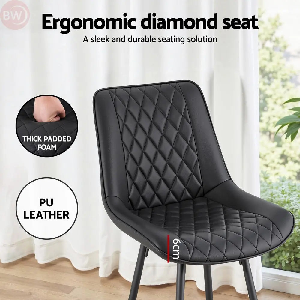 Black diamond-quilted PU bar stool with thick padded seat and contoured backrest