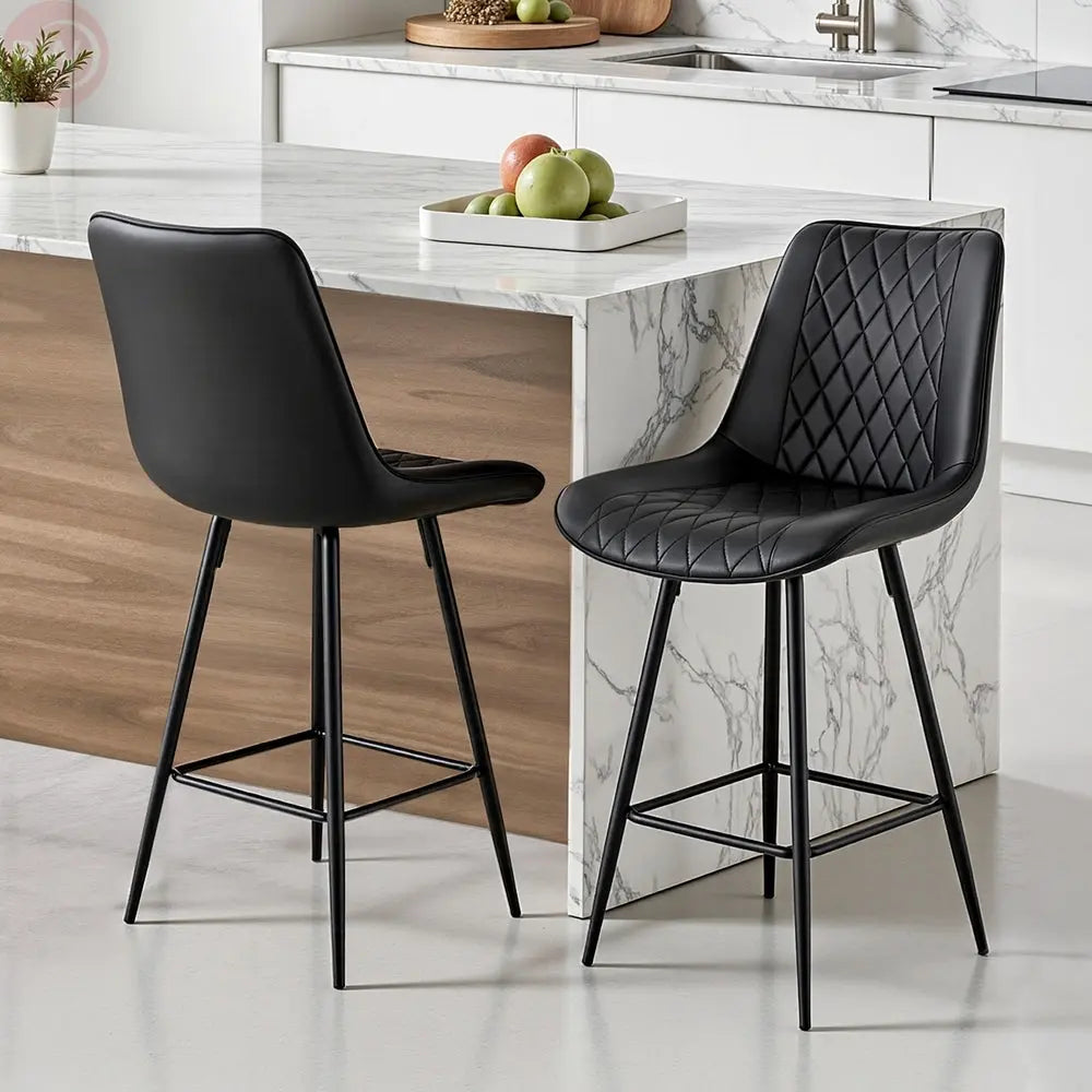 Black diamond-quilted PU leather bar stool with curved seat and metal legs
