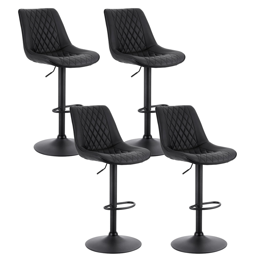 Black diamond-quilted swivel bar stool with padded seat and footrest