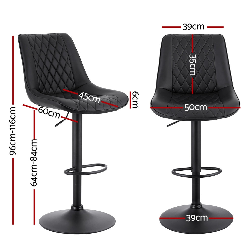 Black diamond-quilted swivel bar stool with padded seat and circular base