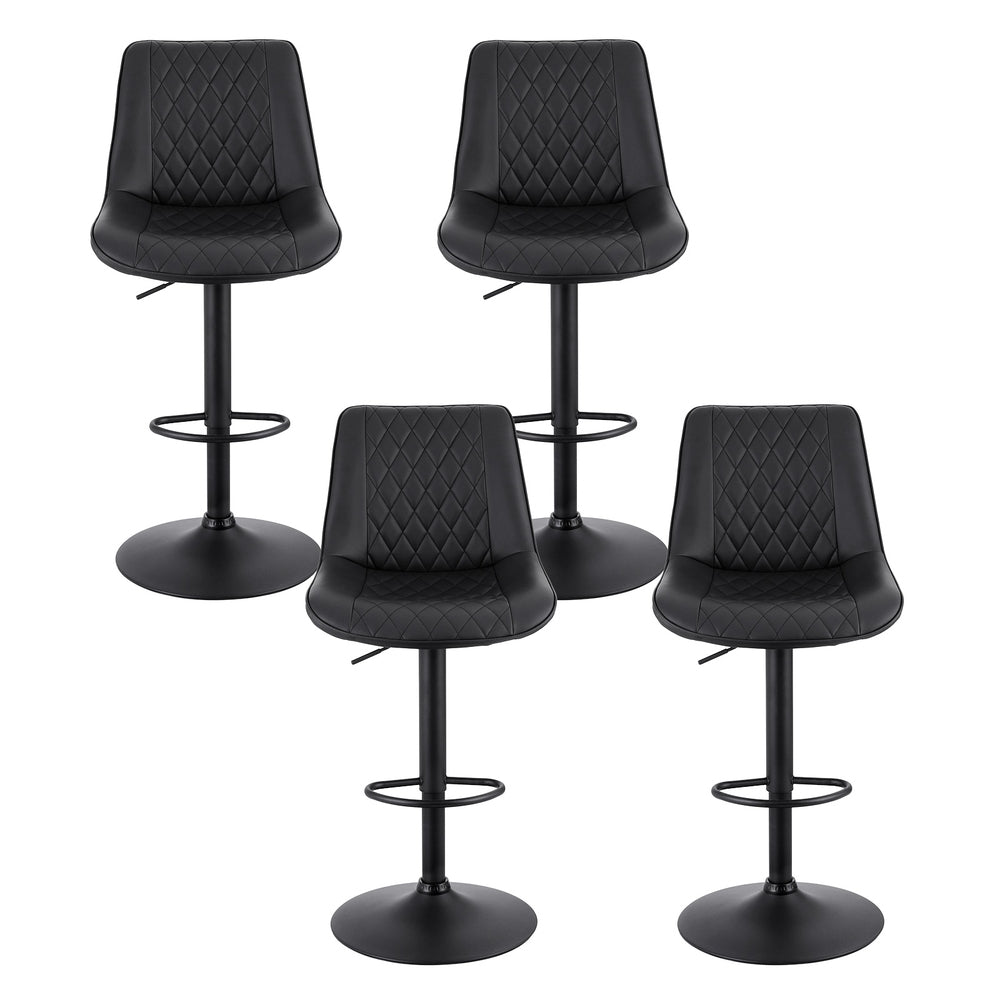 Set of black diamond-quilted swivel bar stools with round base and footrests