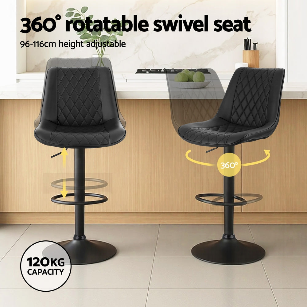 Black diamond-quilted swivel bar stools with padded seat and curved back