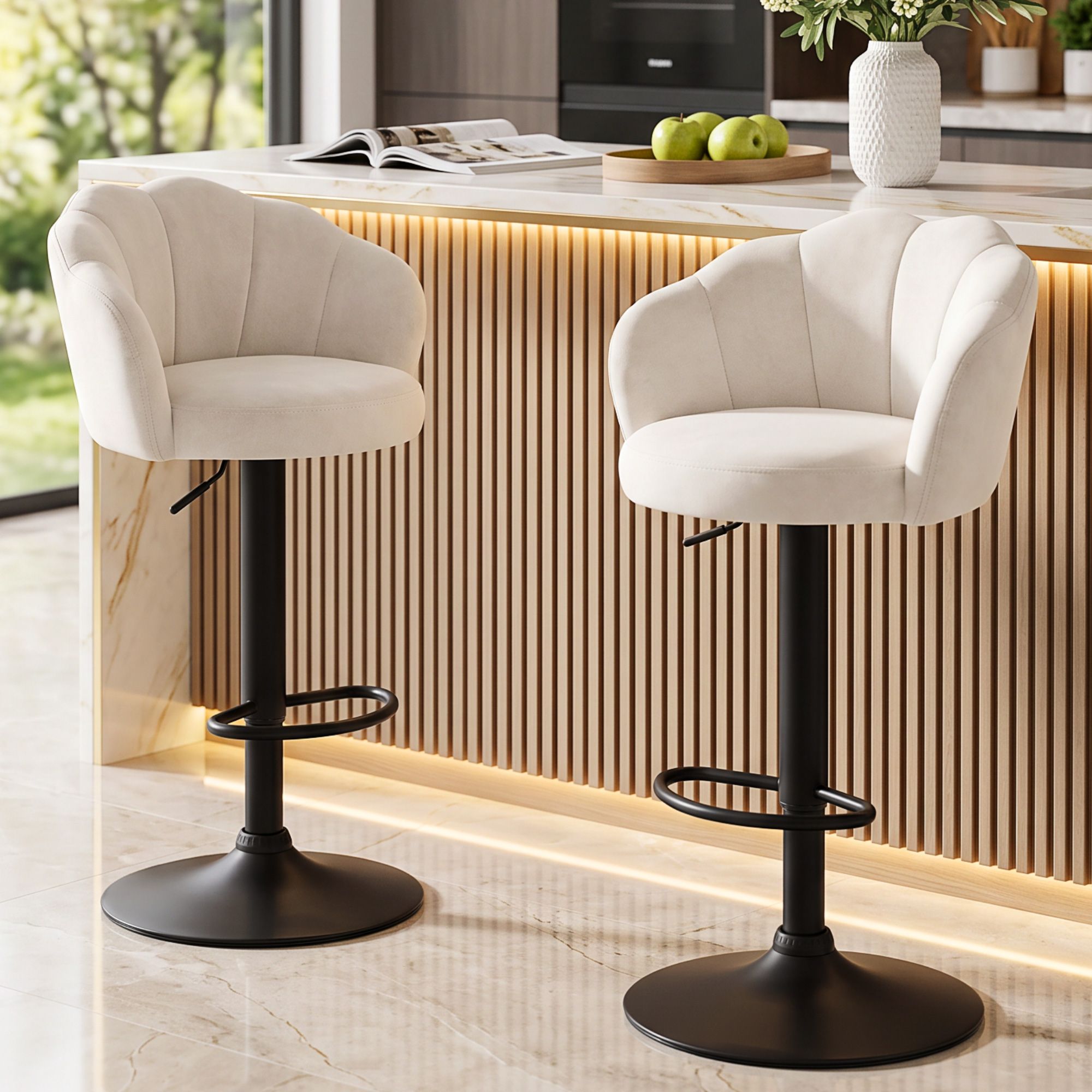 Artiss 2x Bar Stools Counter Chair Adjustable Shell Backrest Velvet Nessah Ivory Bedworld