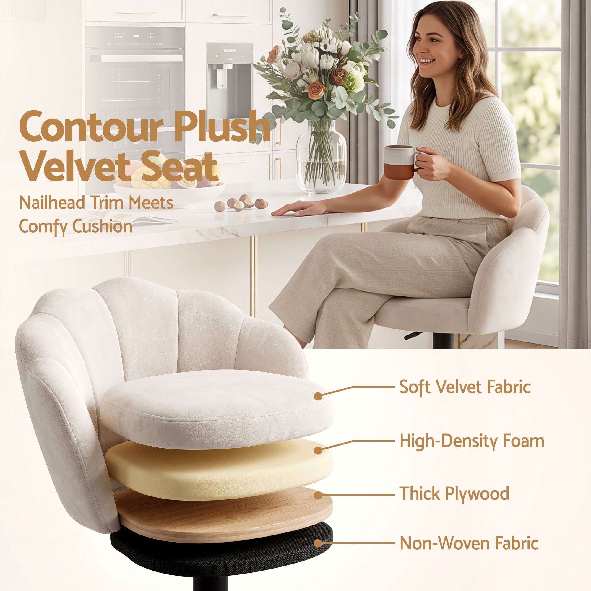 Artiss 2x Bar Stools Counter Chair Adjustable Shell Backrest Velvet Nessah Ivory Bedworld