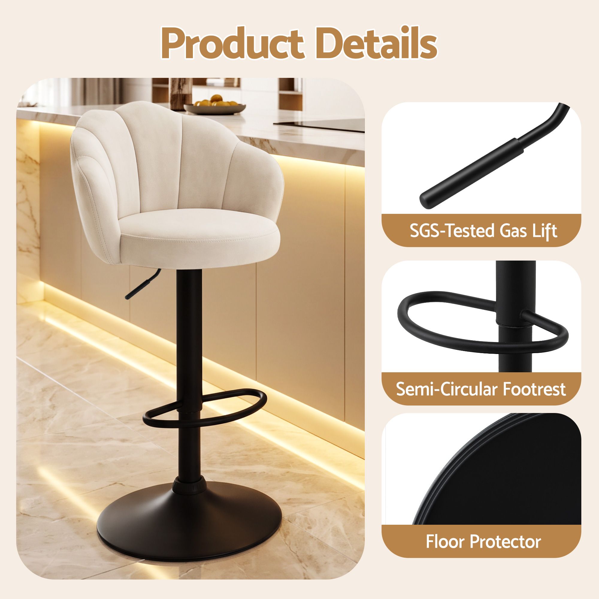 Artiss 2x Bar Stools Counter Chair Adjustable Shell Backrest Velvet Nessah Ivory Bedworld