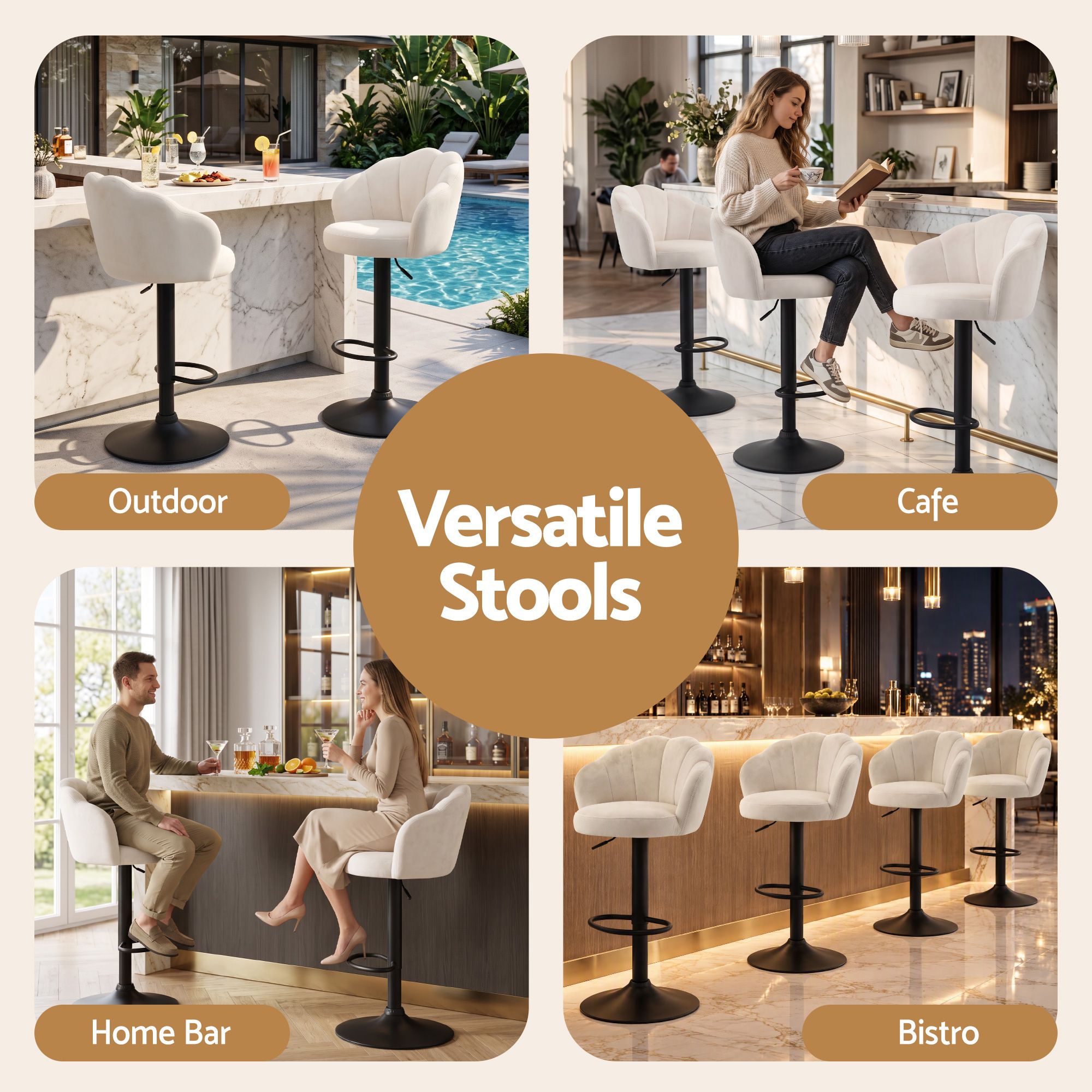 Artiss 2x Bar Stools Counter Chair Adjustable Shell Backrest Velvet Nessah Ivory Bedworld