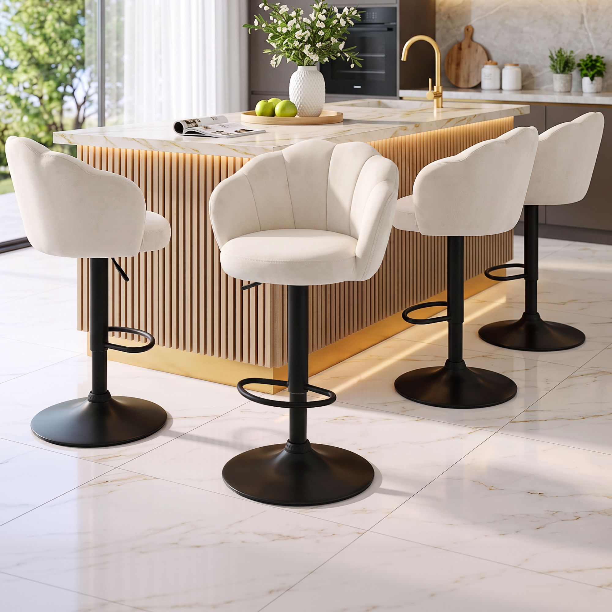 Artiss 4x Bar Stools Counter Chair Adjustable Shell Backrest Velvet Nessah Ivory Bedworld