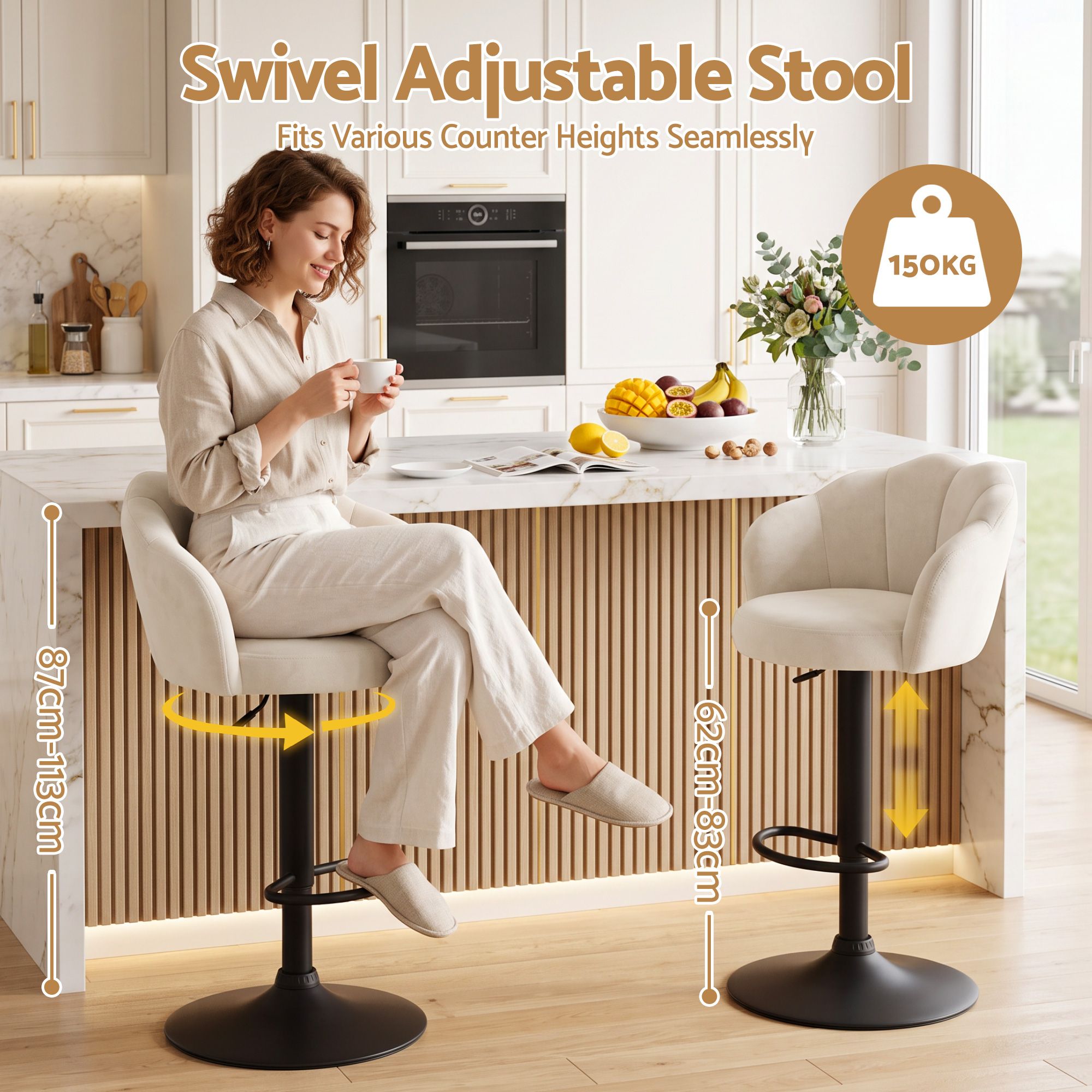 Artiss 4x Bar Stools Counter Chair Adjustable Shell Backrest Velvet Nessah Ivory Bedworld