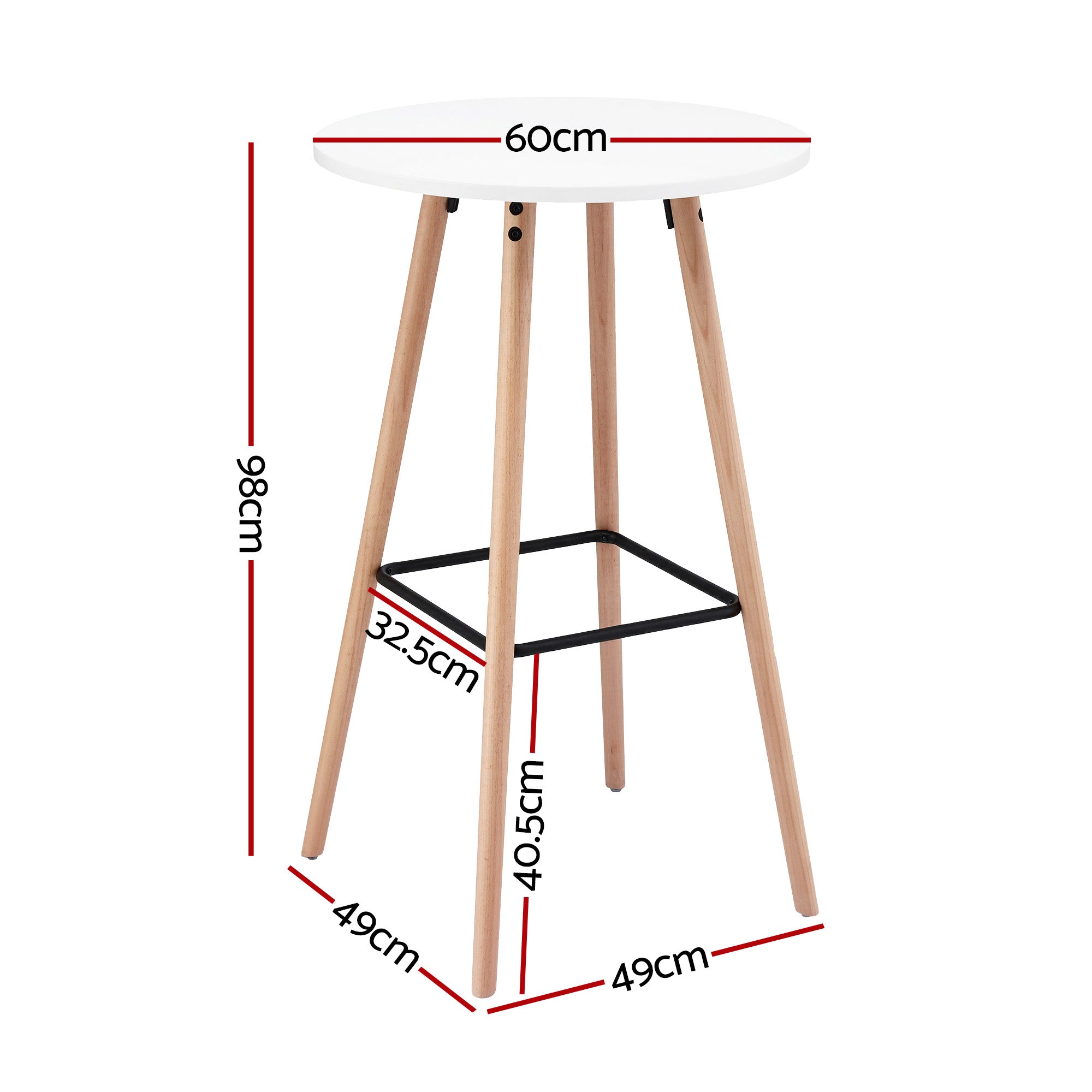 Round bar table with white top and light wood legs; black metal footrest under frame