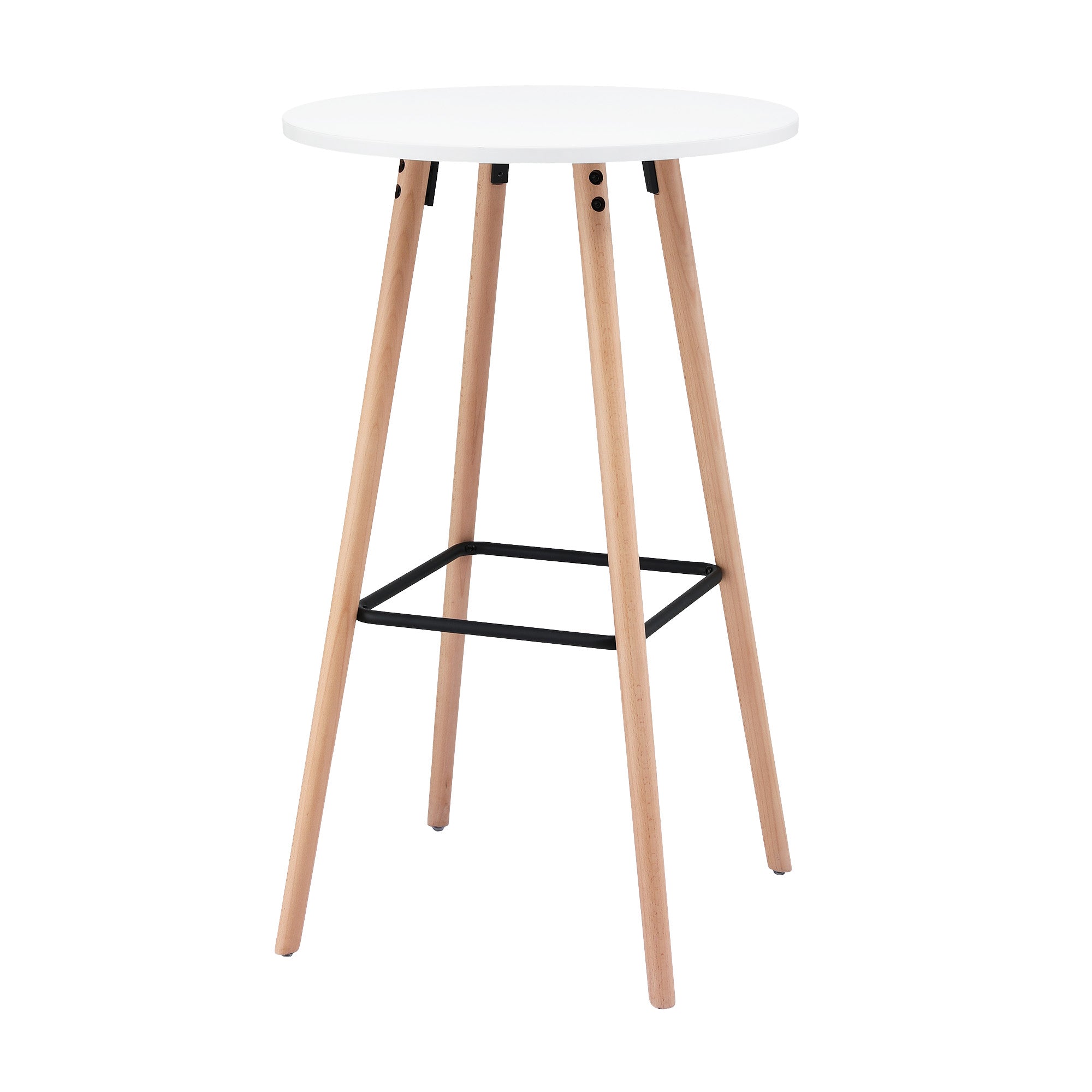 Round white bar table with light wood legs and black metal crossbar footrest