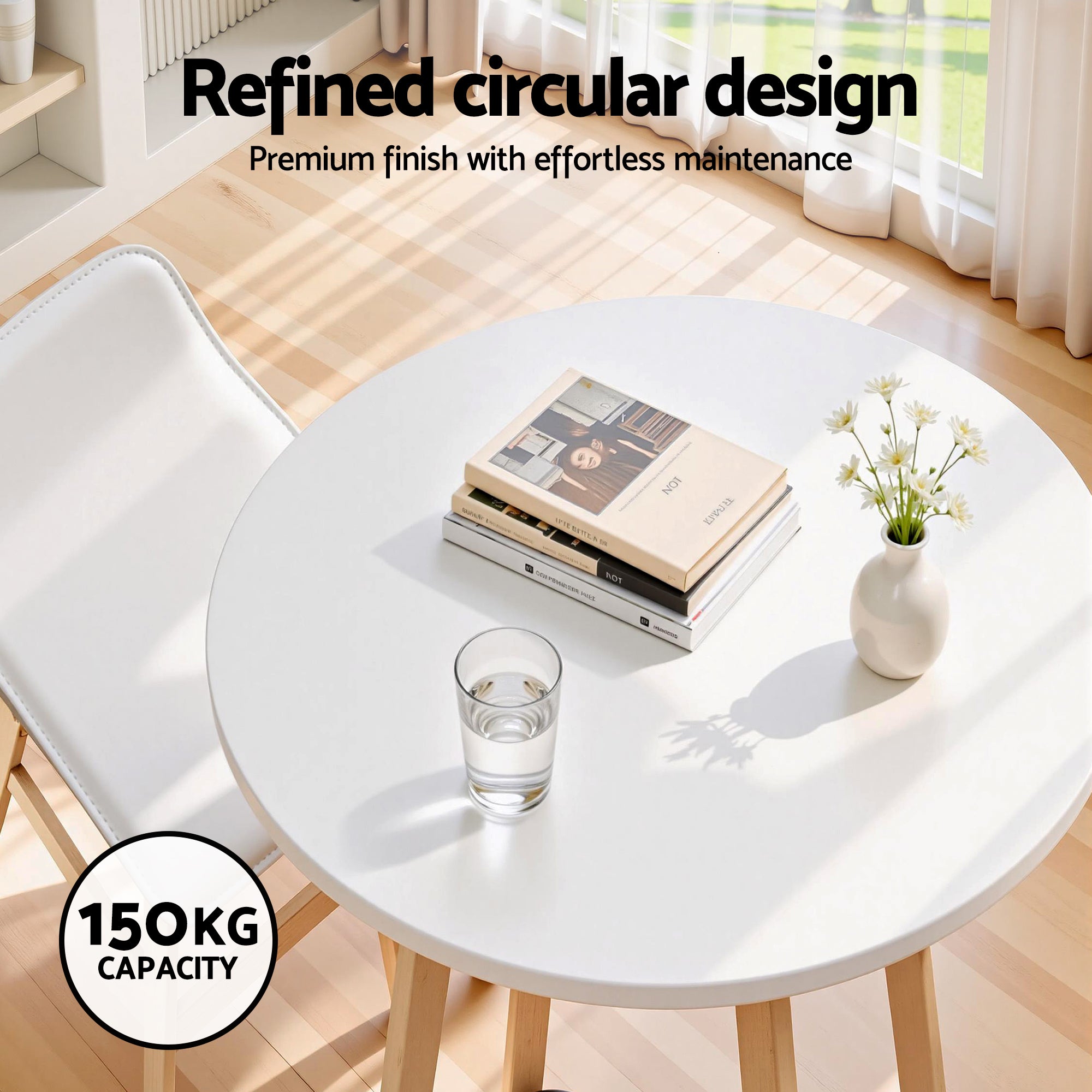 White round bar table with light wood legs and black metal footrest