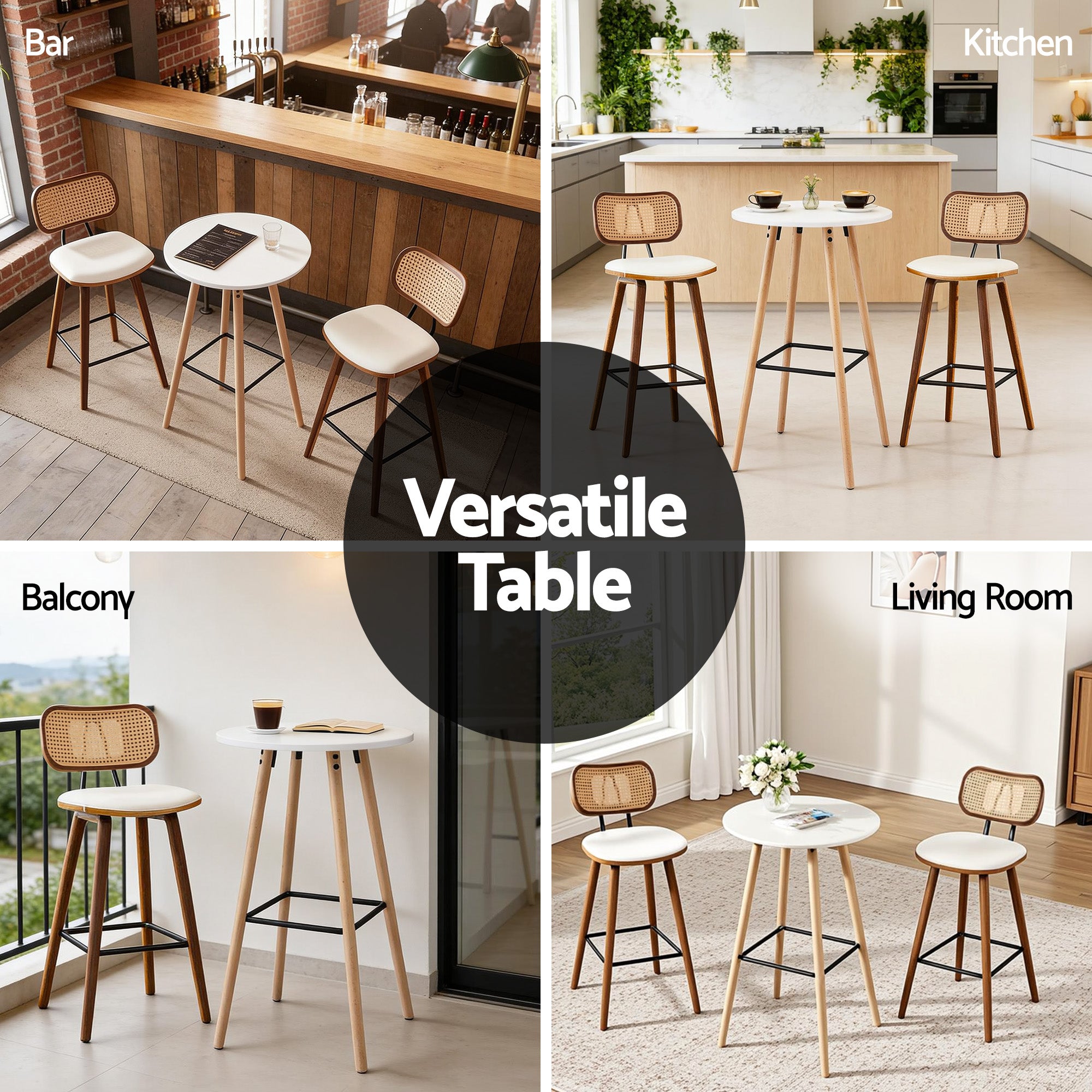 Round bar table with white tabletop, light wood legs, and black metal footrest