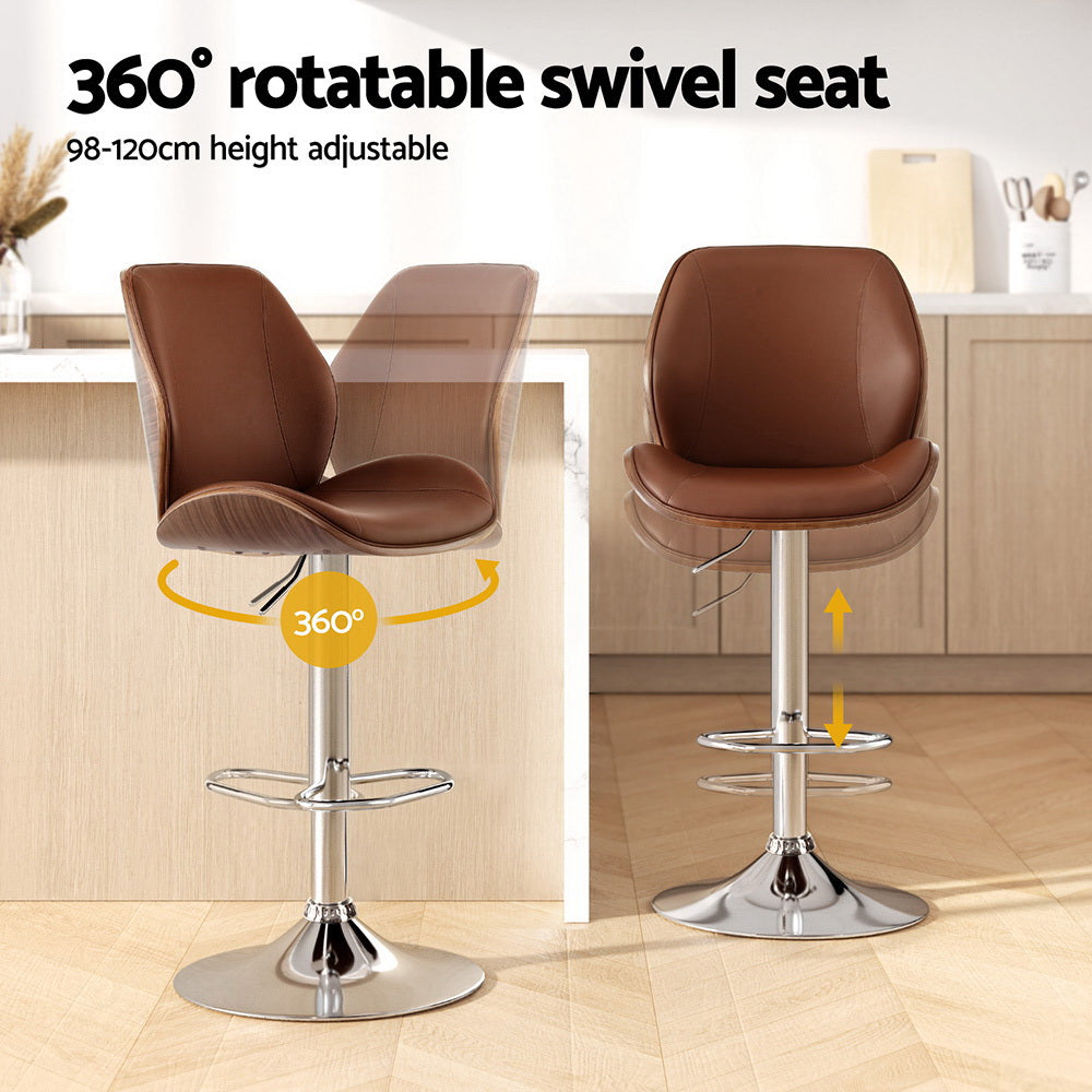 Artiss 2X Bar Stools Bentwood Adjustable Kitchen Counter Chair Leather Brown