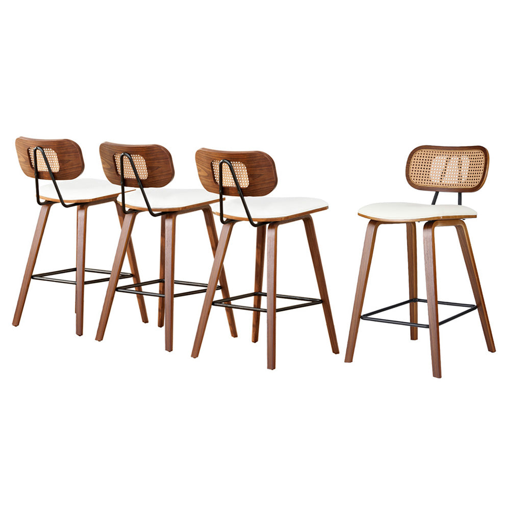 Set of 4 rattan back bar stools with white seats and dark metal footrests
