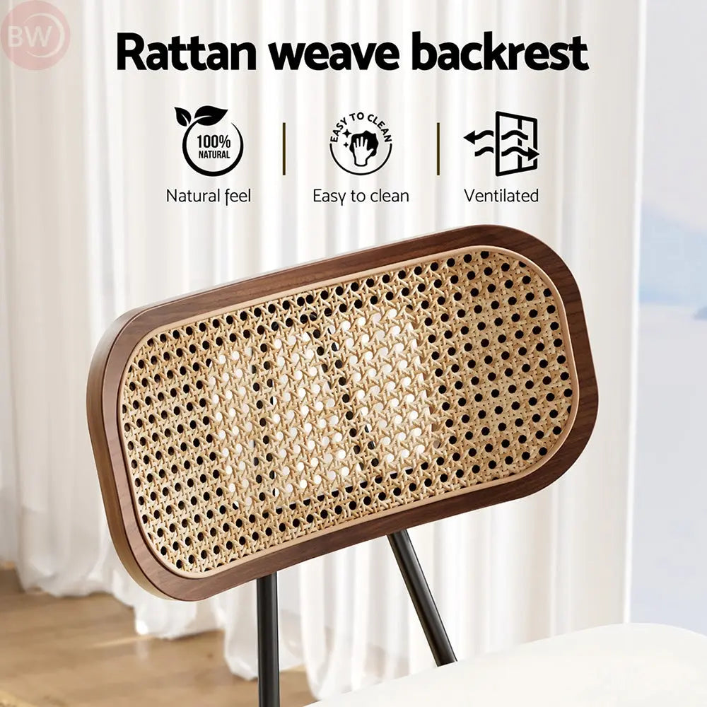 Rattan weave backrest bar stool with natural tan mesh and dark brown frame