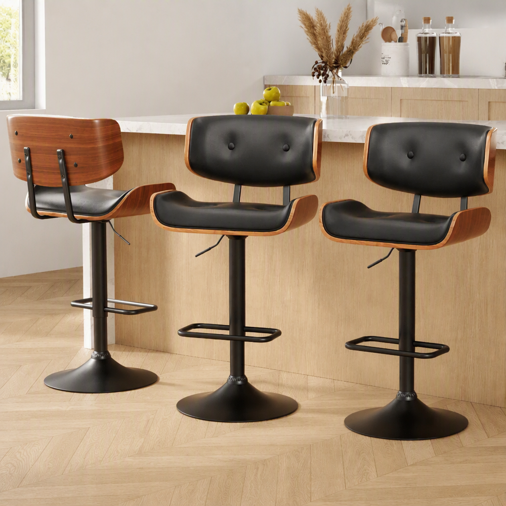 Artiss Bar Stools X3 Kitchen Counter Chair Gas Lift Swivel PU Cherry All Black Bedworld