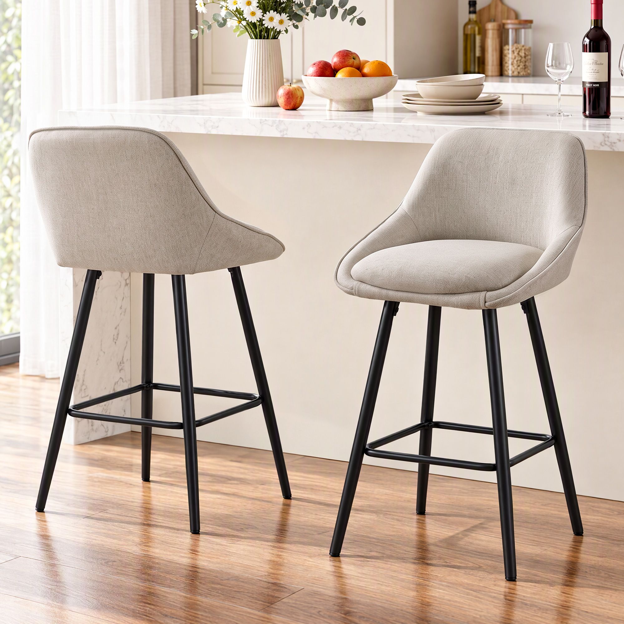Artiss Bar Stools Set of 2 Linen Upholstered Counter Chairs with Back Padded Seat Beige Bedworld
