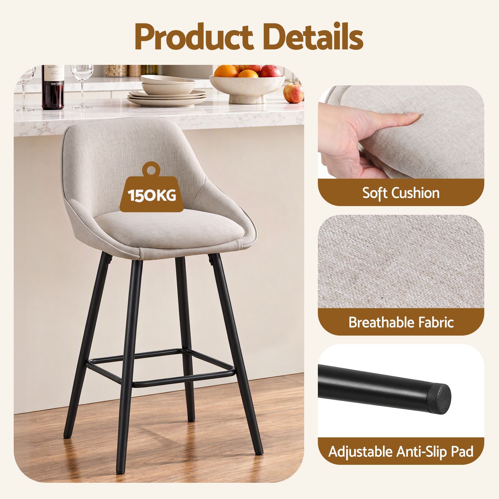 Artiss Bar Stools Set of 2 Linen Upholstered Counter Chairs with Back Padded Seat Beige Bedworld
