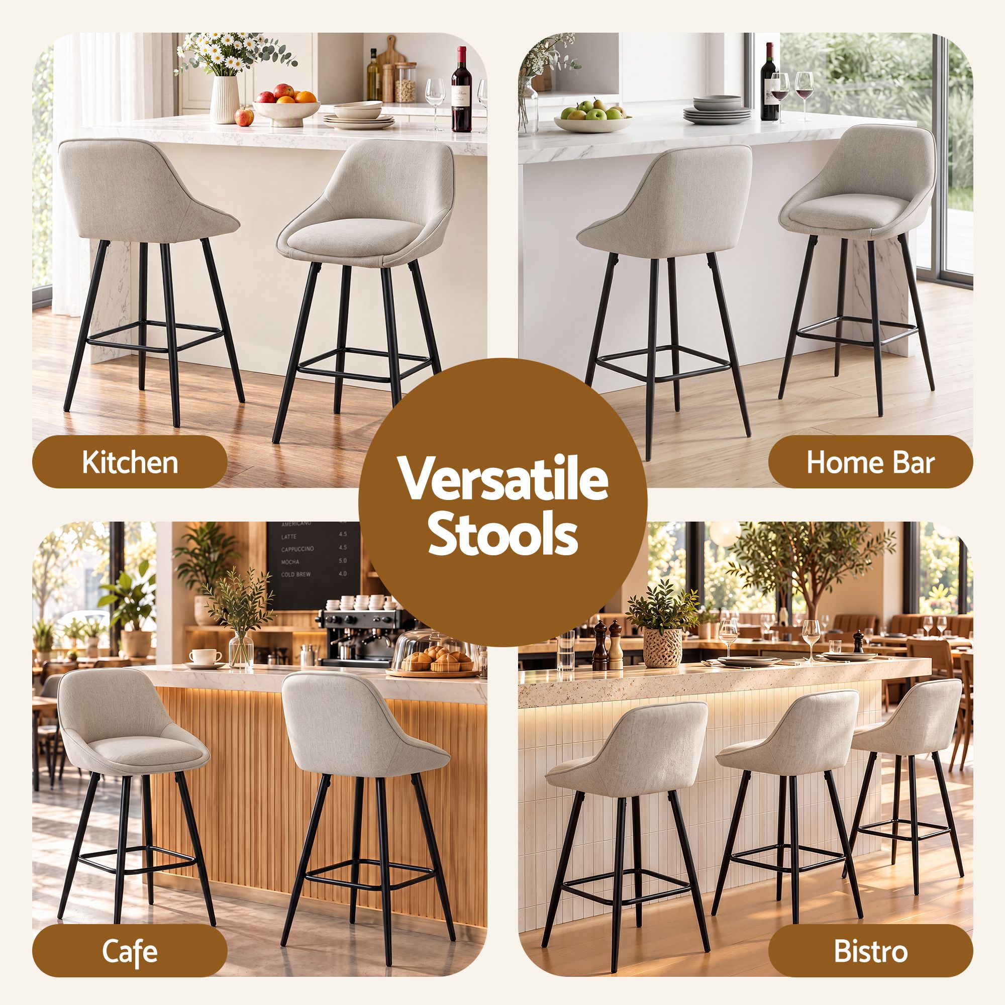 Artiss Bar Stools Set of 2 Linen Upholstered Counter Chairs with Back Padded Seat Beige Bedworld