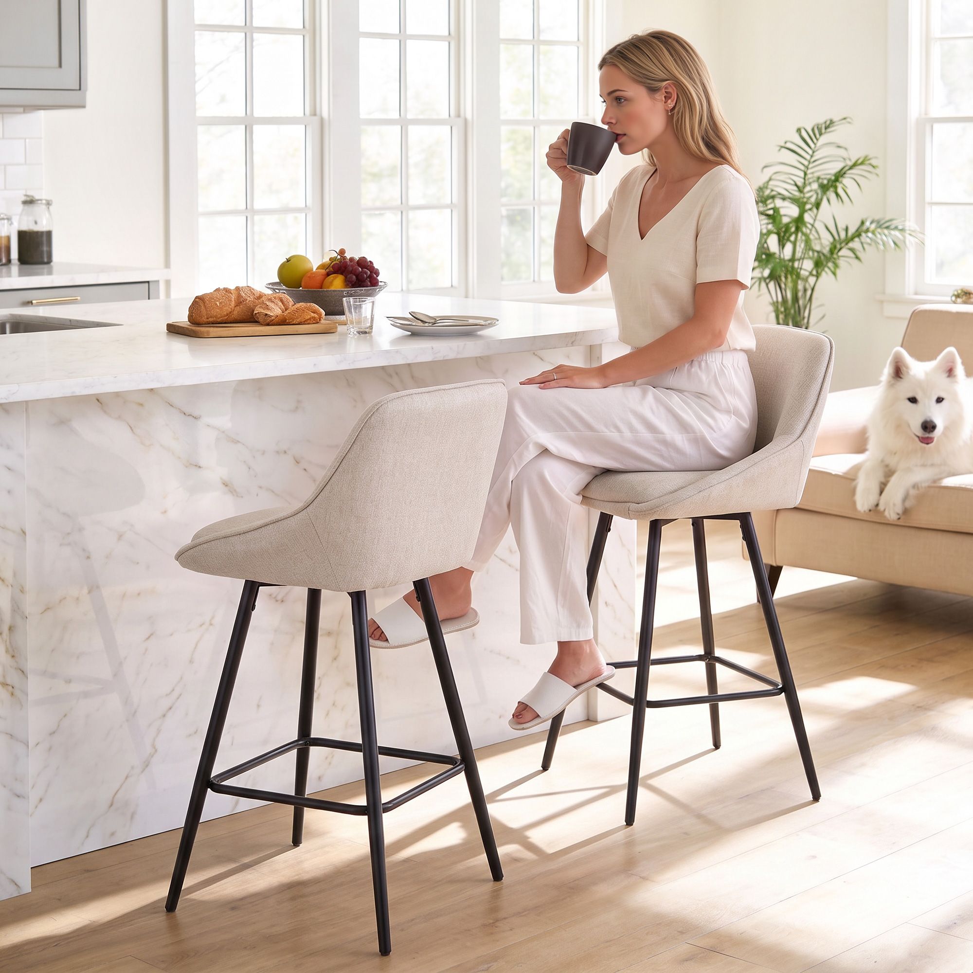 Artiss Bar Stools Set of 2 Linen Upholstered Counter Chairs with Back Padded Seat Beige Bedworld