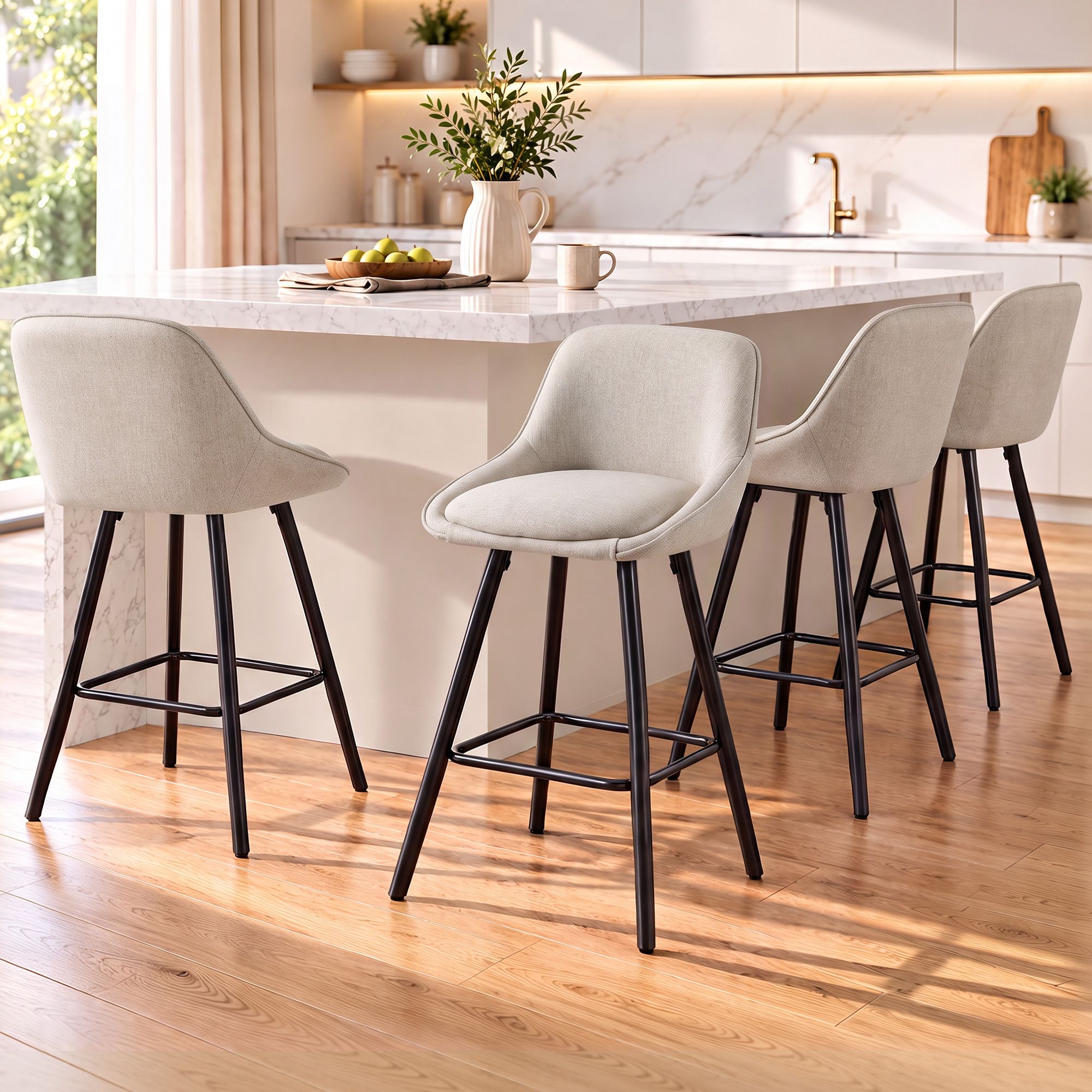 Artiss Bar Stools Set of 4 Linen Upholstered Counter Chairs with Back Padded Seat Beige Bedworld