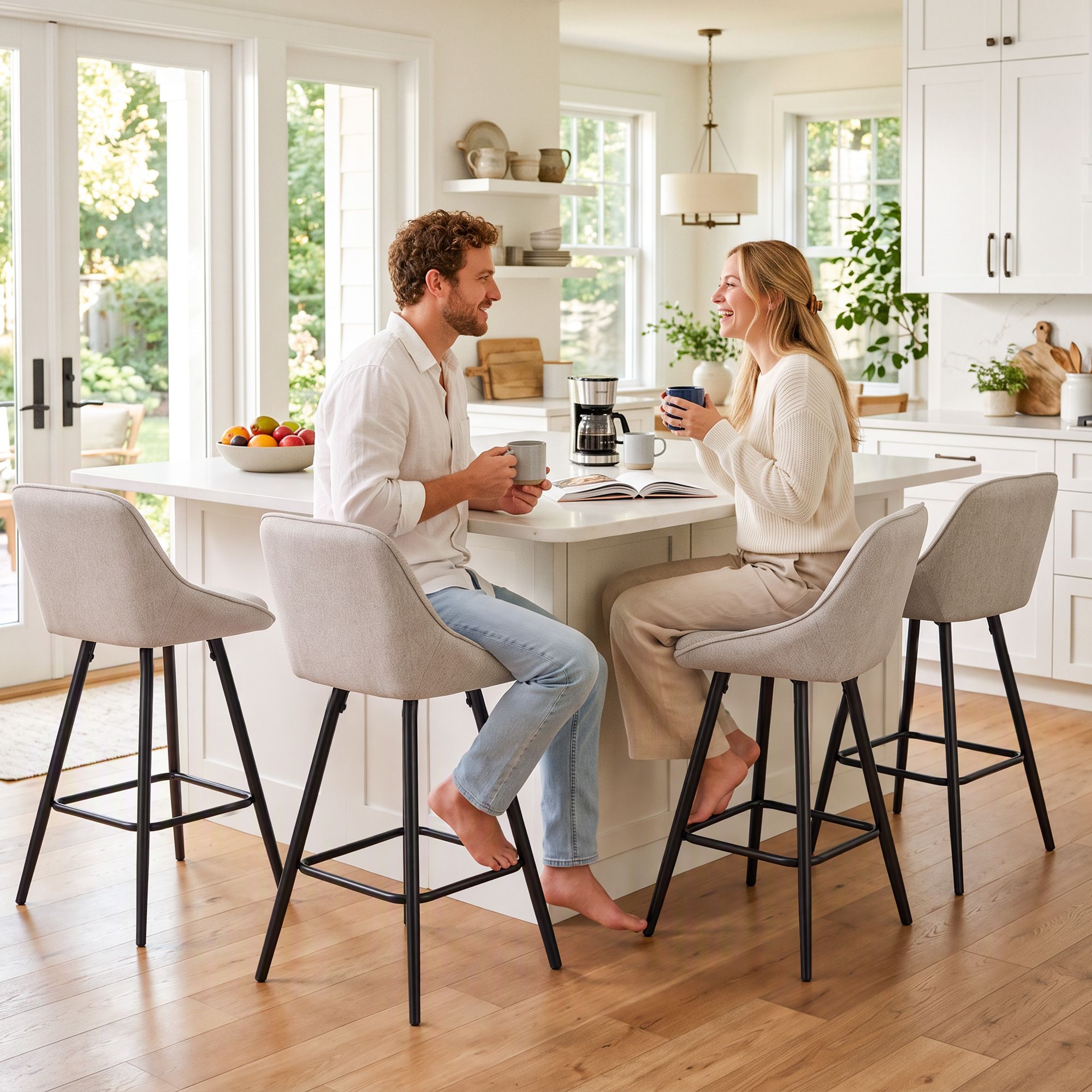 Artiss Bar Stools Set of 4 Linen Upholstered Counter Chairs with Back Padded Seat Beige Bedworld