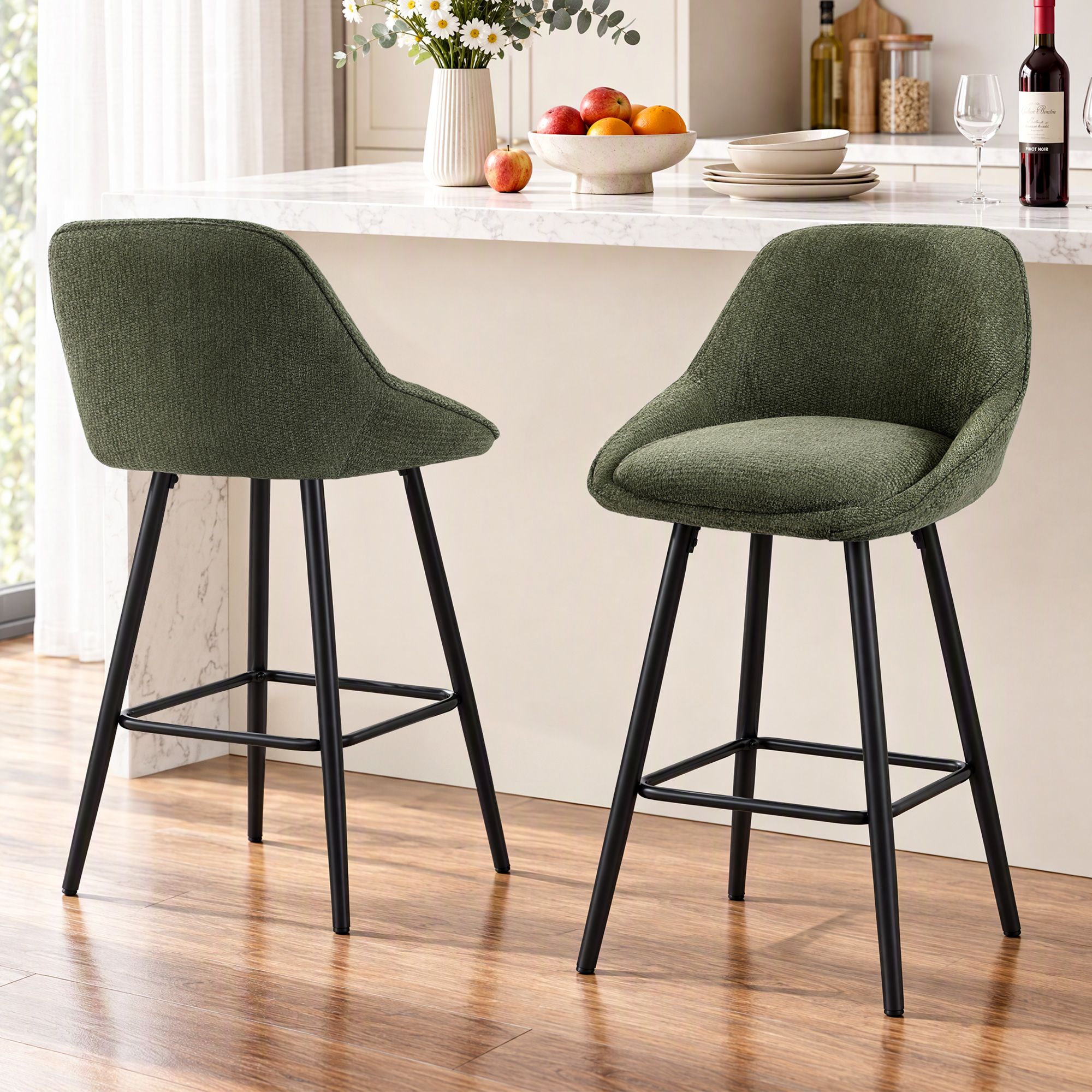 Artiss Bar Stools Set of 2 Linen Upholstered Counter Chairs with Back Padded Seat Green Bedworld