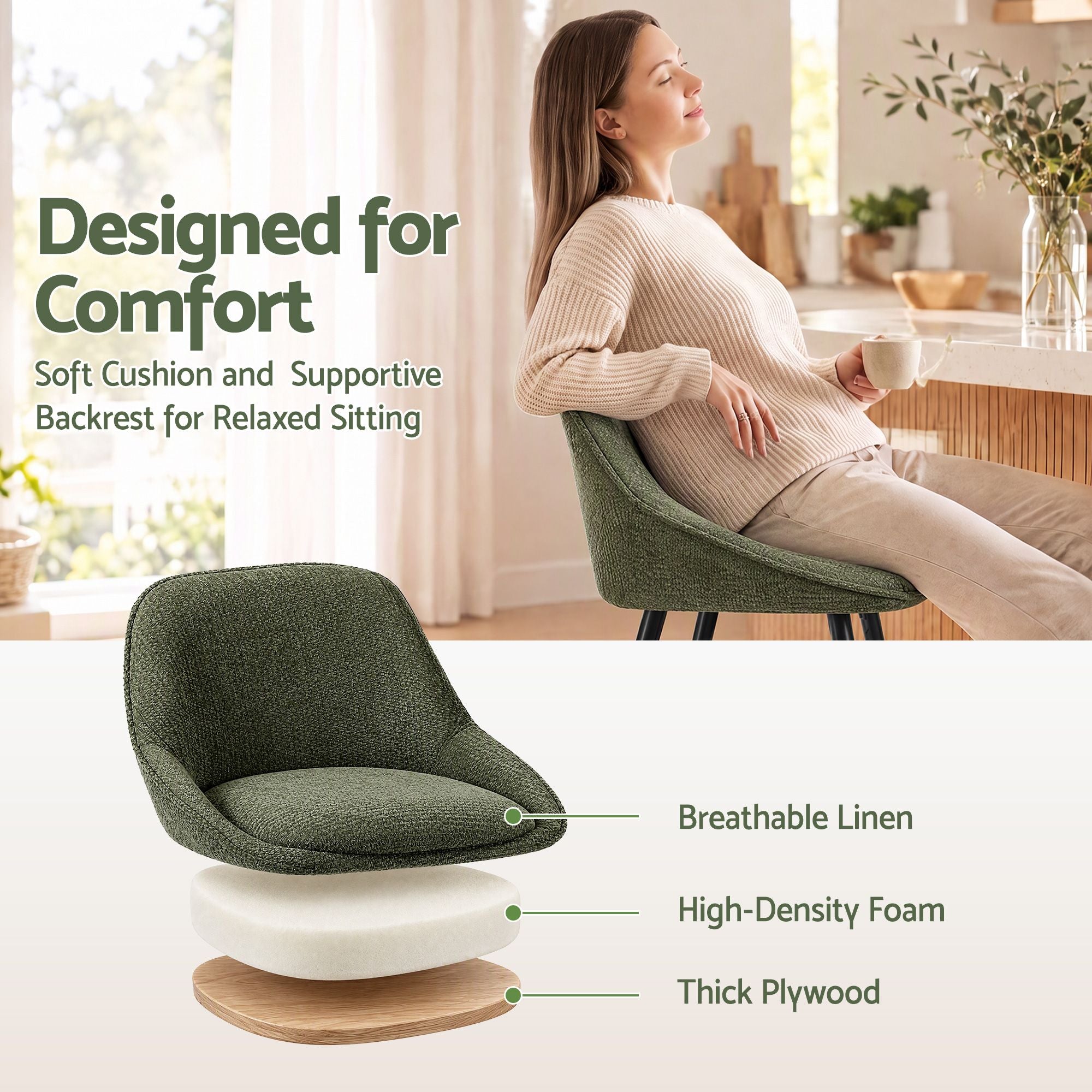 Artiss Bar Stools Set of 2 Linen Upholstered Counter Chairs with Back Padded Seat Green Bedworld