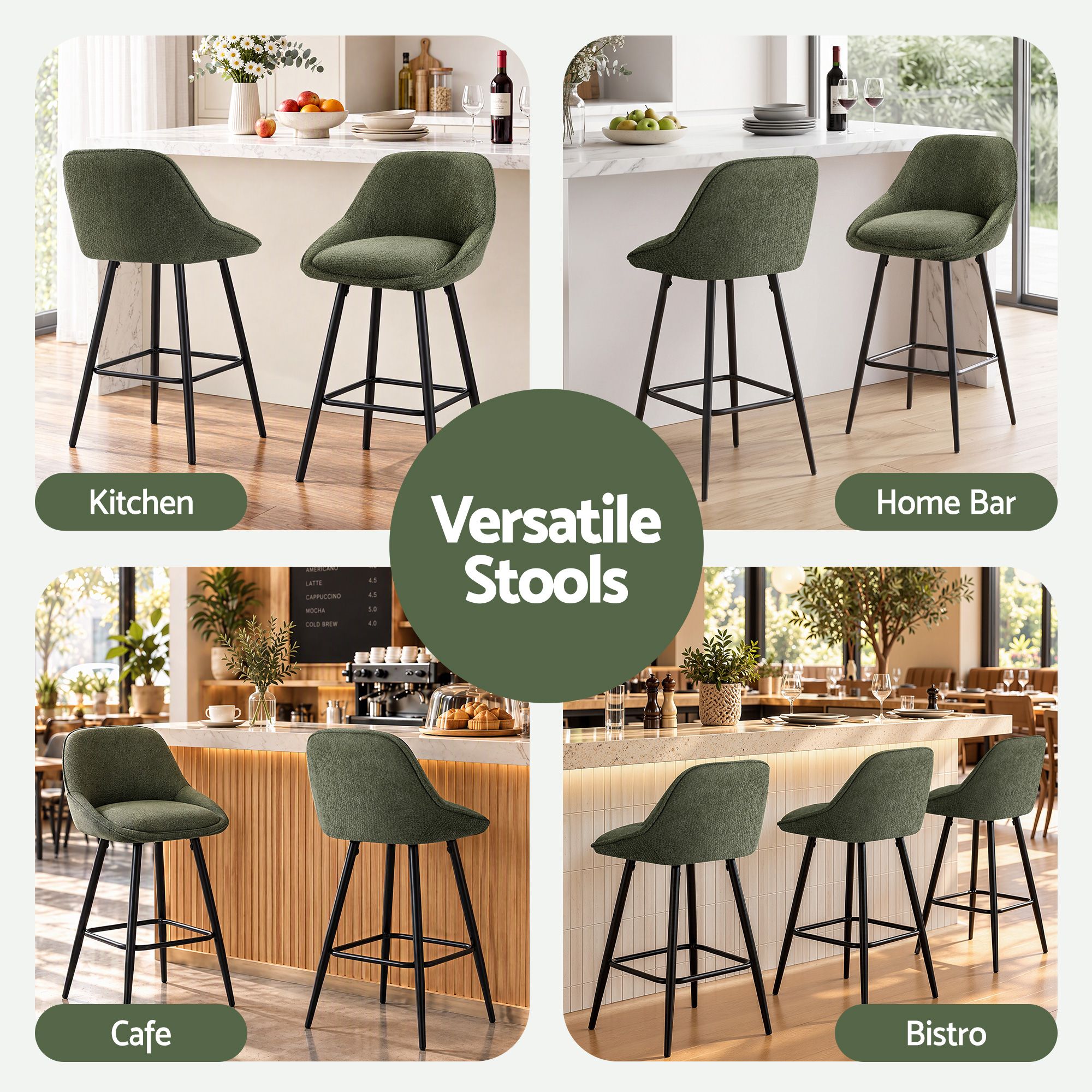 Artiss Bar Stools Set of 2 Linen Upholstered Counter Chairs with Back Padded Seat Green Bedworld