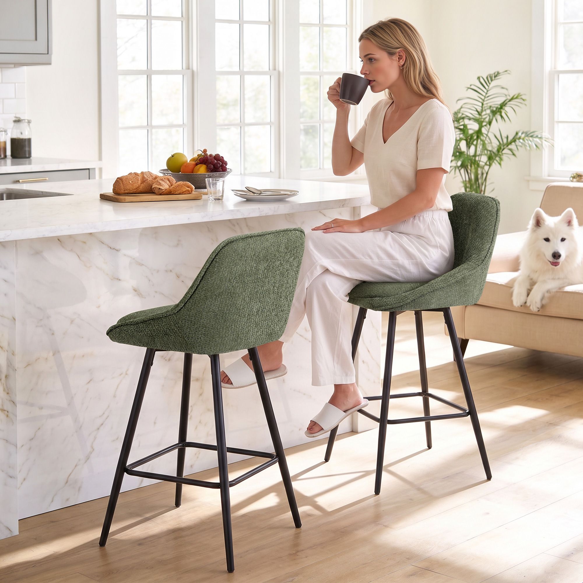 Artiss Bar Stools Set of 2 Linen Upholstered Counter Chairs with Back Padded Seat Green Bedworld