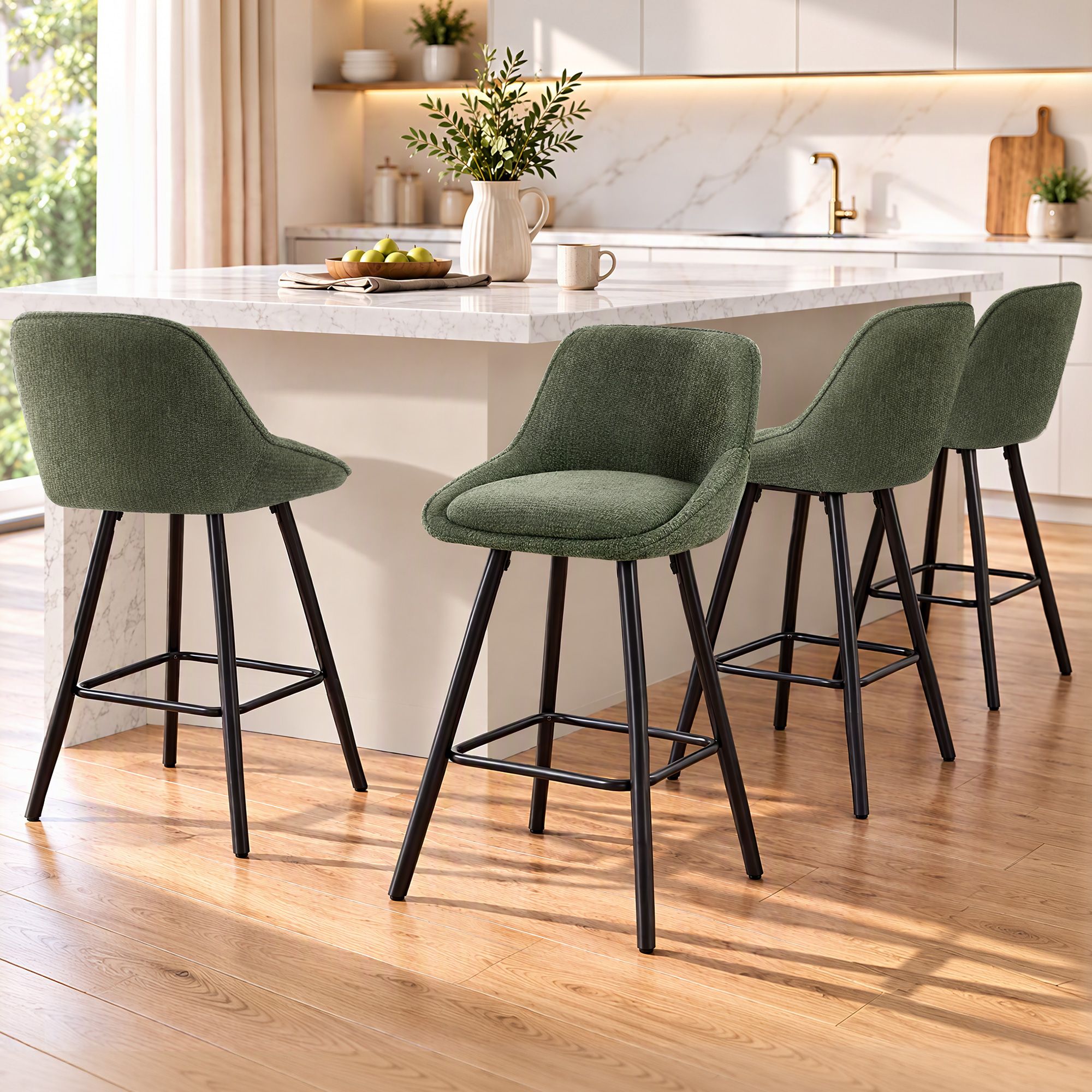 Artiss Bar Stools Set of 4 Linen Upholstered Counter Chairs with Back Padded Seat Green Bedworld