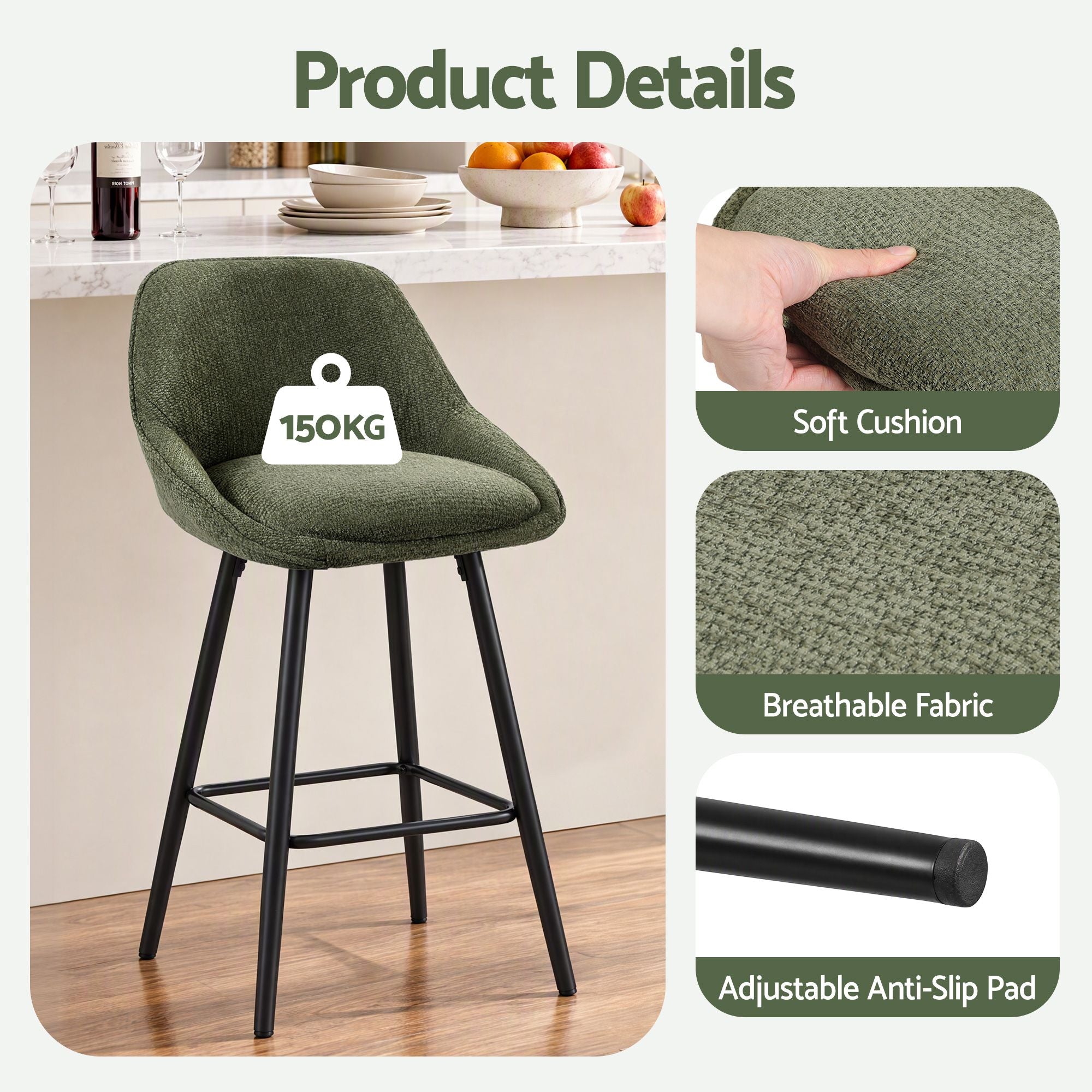 Artiss Bar Stools Set of 4 Linen Upholstered Counter Chairs with Back Padded Seat Green Bedworld