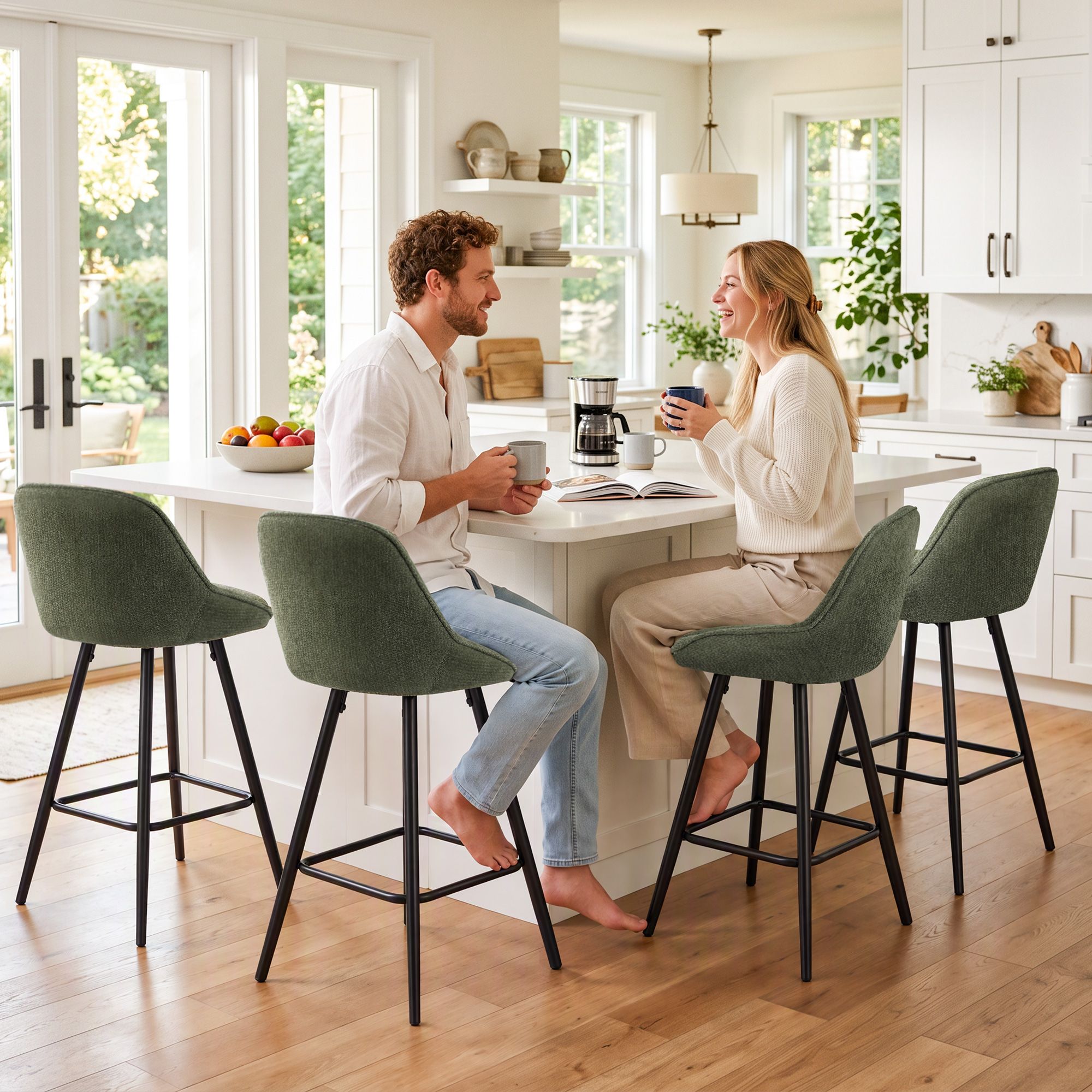 Artiss Bar Stools Set of 4 Linen Upholstered Counter Chairs with Back Padded Seat Green Bedworld