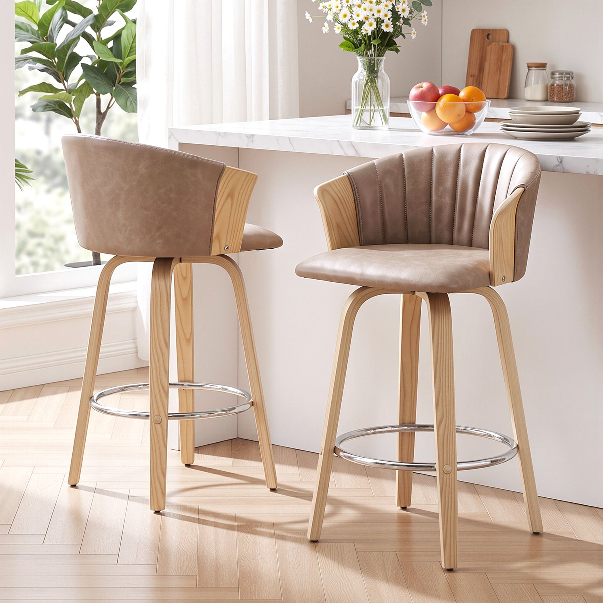 Artiss Wooden Bar Stools Set of 2 Swivel Kitchen Counter Stools Chair 66cm Khaki Bedworld
