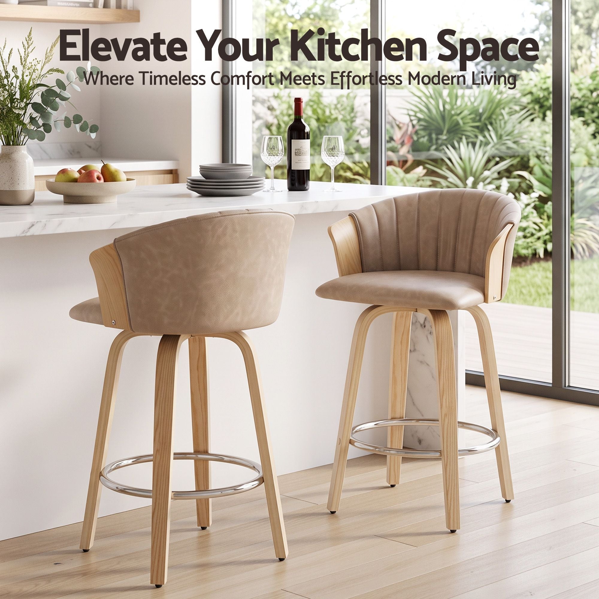 Artiss Wooden Bar Stools Set of 2 Swivel Kitchen Counter Stools Chair 66cm Khaki Bedworld