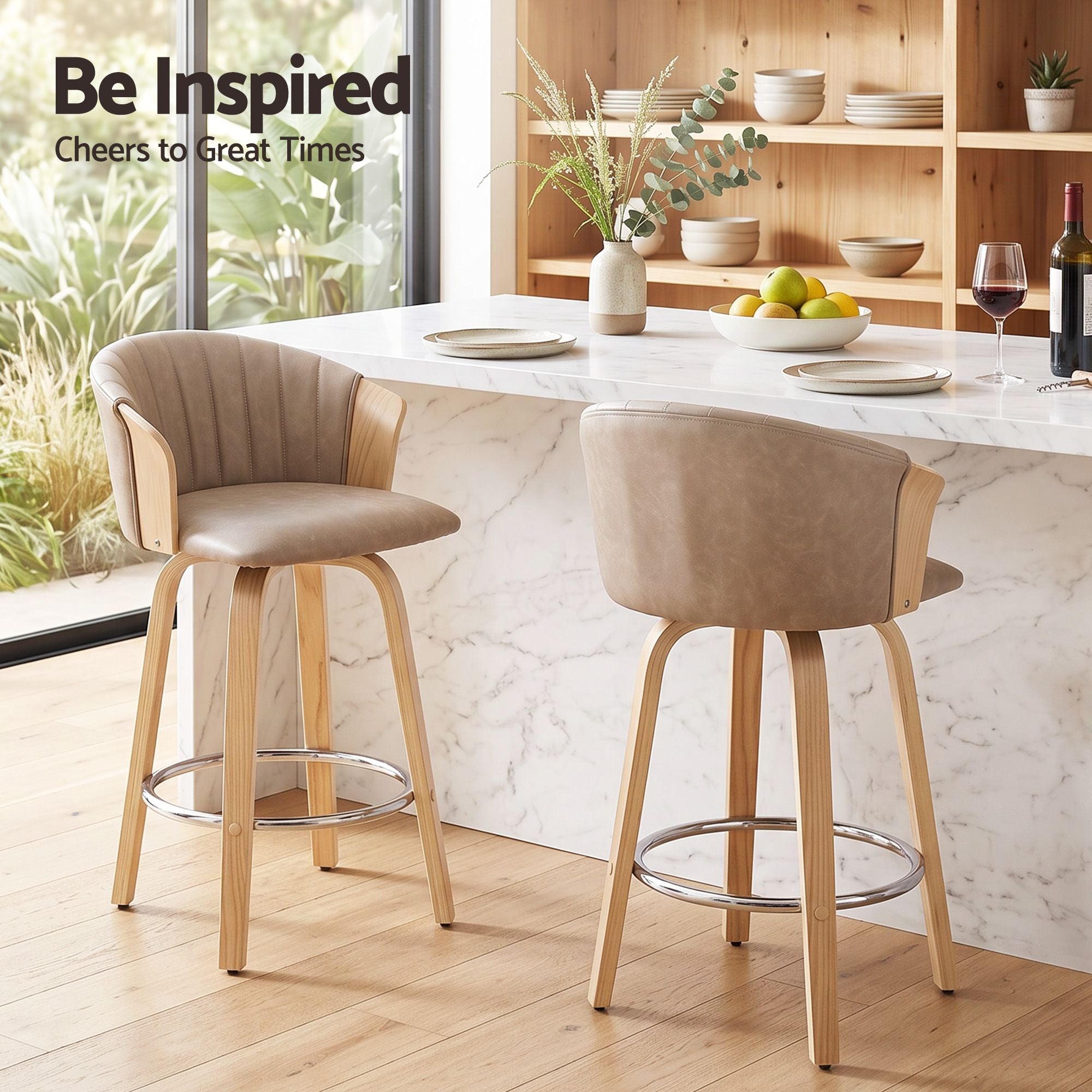 Artiss Wooden Bar Stools Set of 2 Swivel Kitchen Counter Stools Chair 66cm Khaki Bedworld