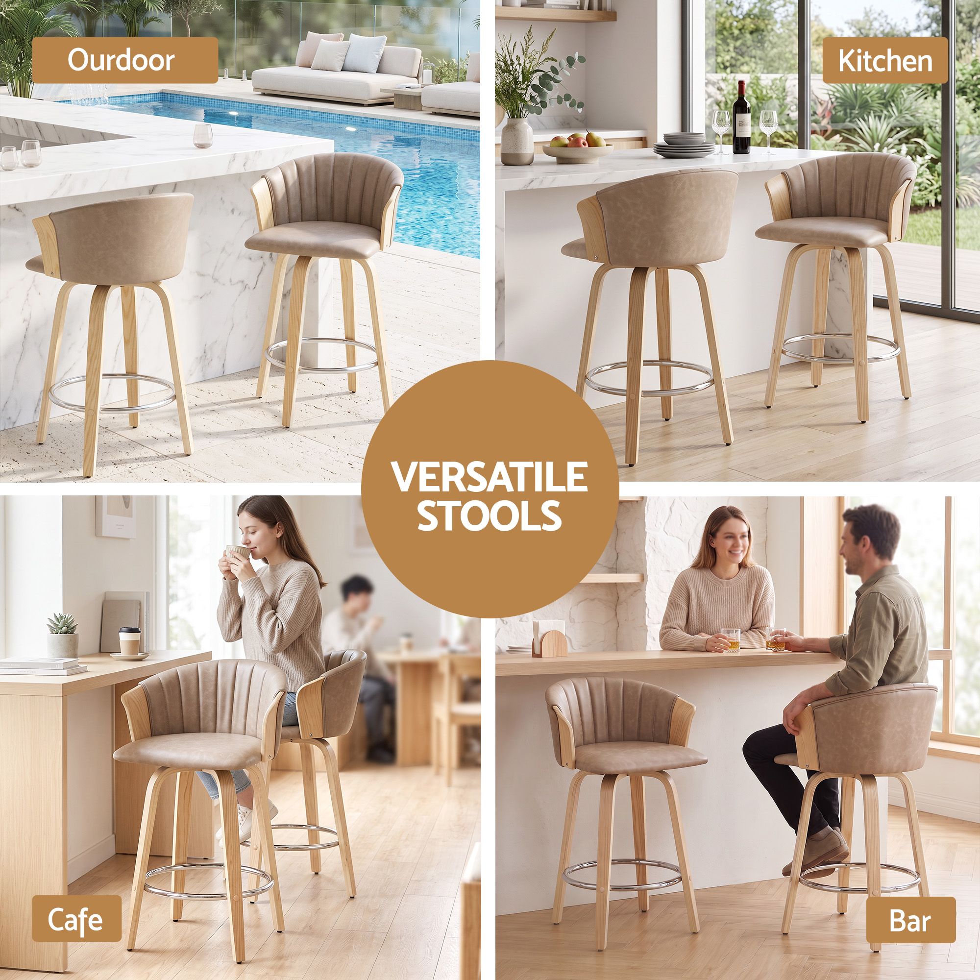 Artiss Wooden Bar Stools Set of 2 Swivel Kitchen Counter Stools Chair 66cm Khaki Bedworld