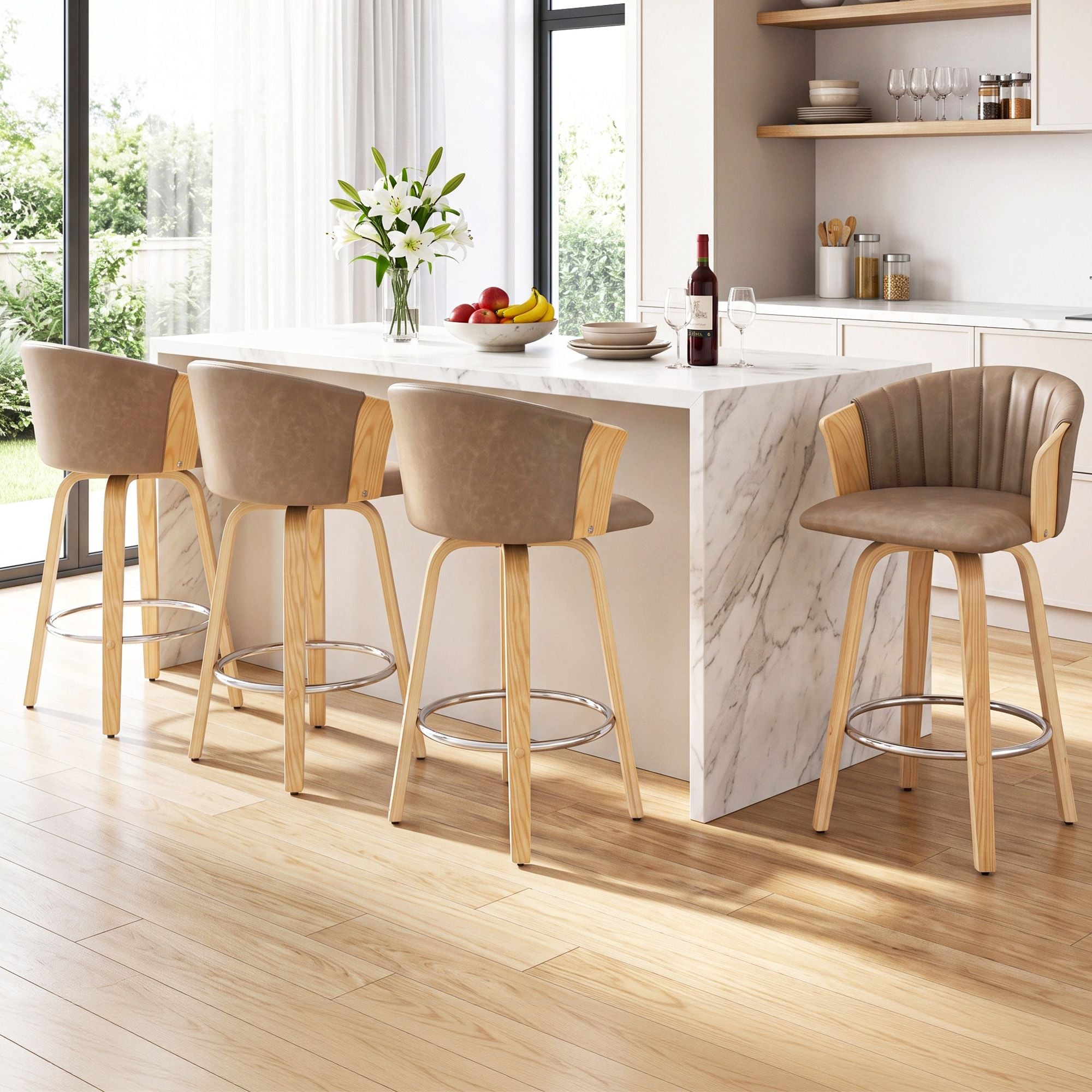 Artiss Wooden Bar Stools Set of 4 Swivel Kitchen Counter Stools Chair 66cm Khaki Bedworld