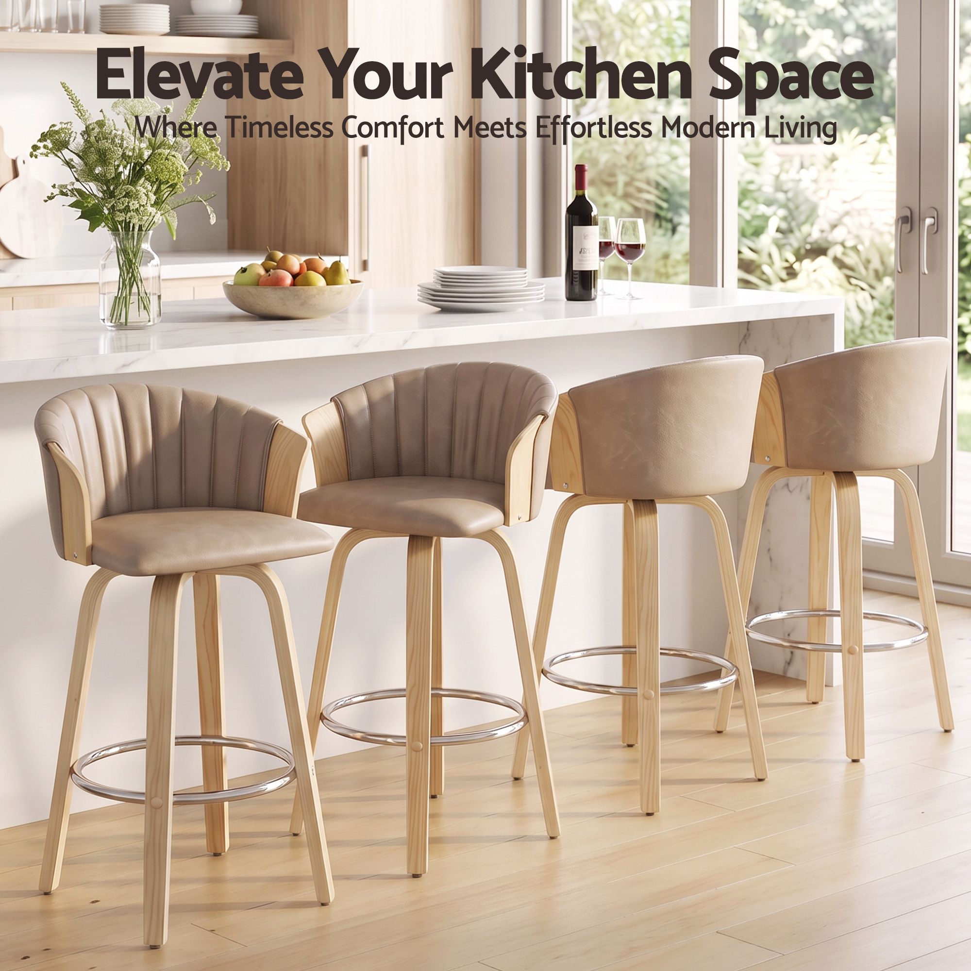 Artiss Wooden Bar Stools Set of 4 Swivel Kitchen Counter Stools Chair 66cm Khaki Bedworld
