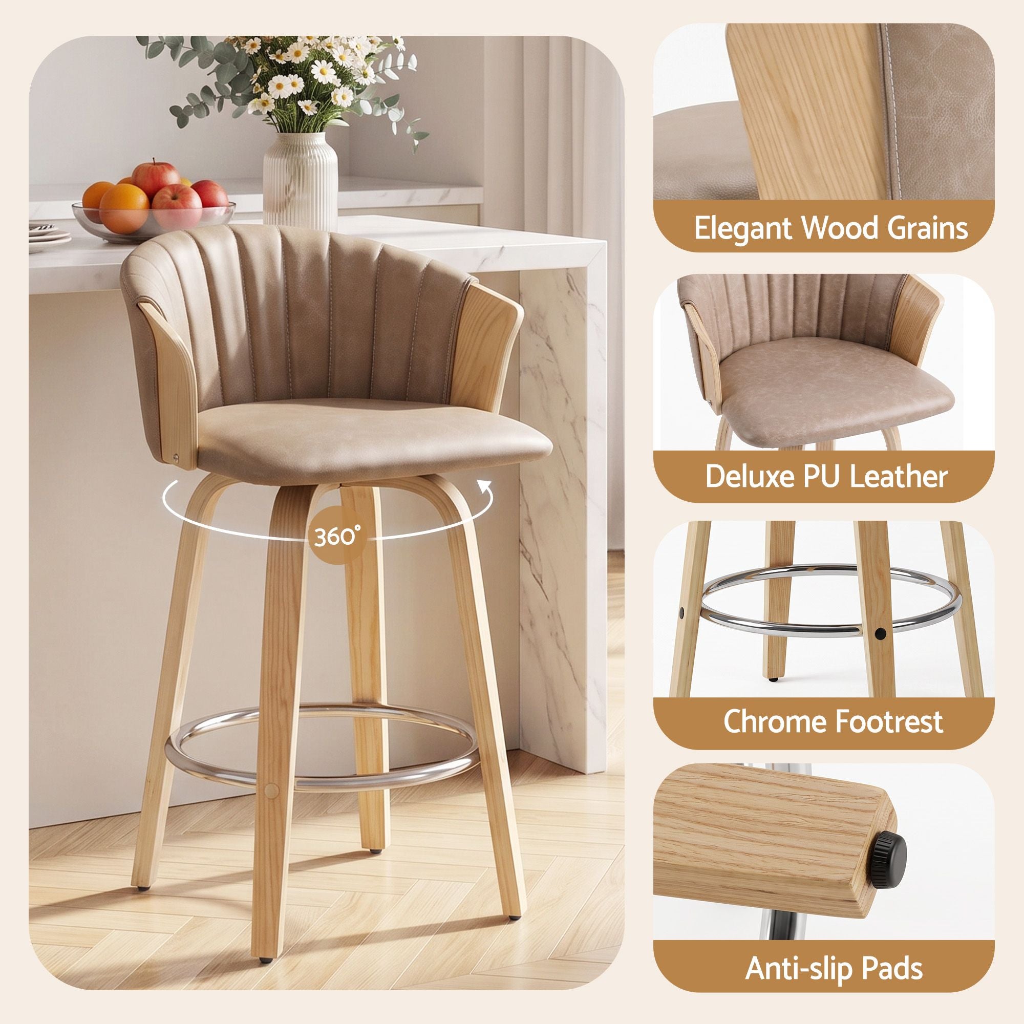 Artiss Wooden Bar Stools Set of 4 Swivel Kitchen Counter Stools Chair 66cm Khaki Bedworld