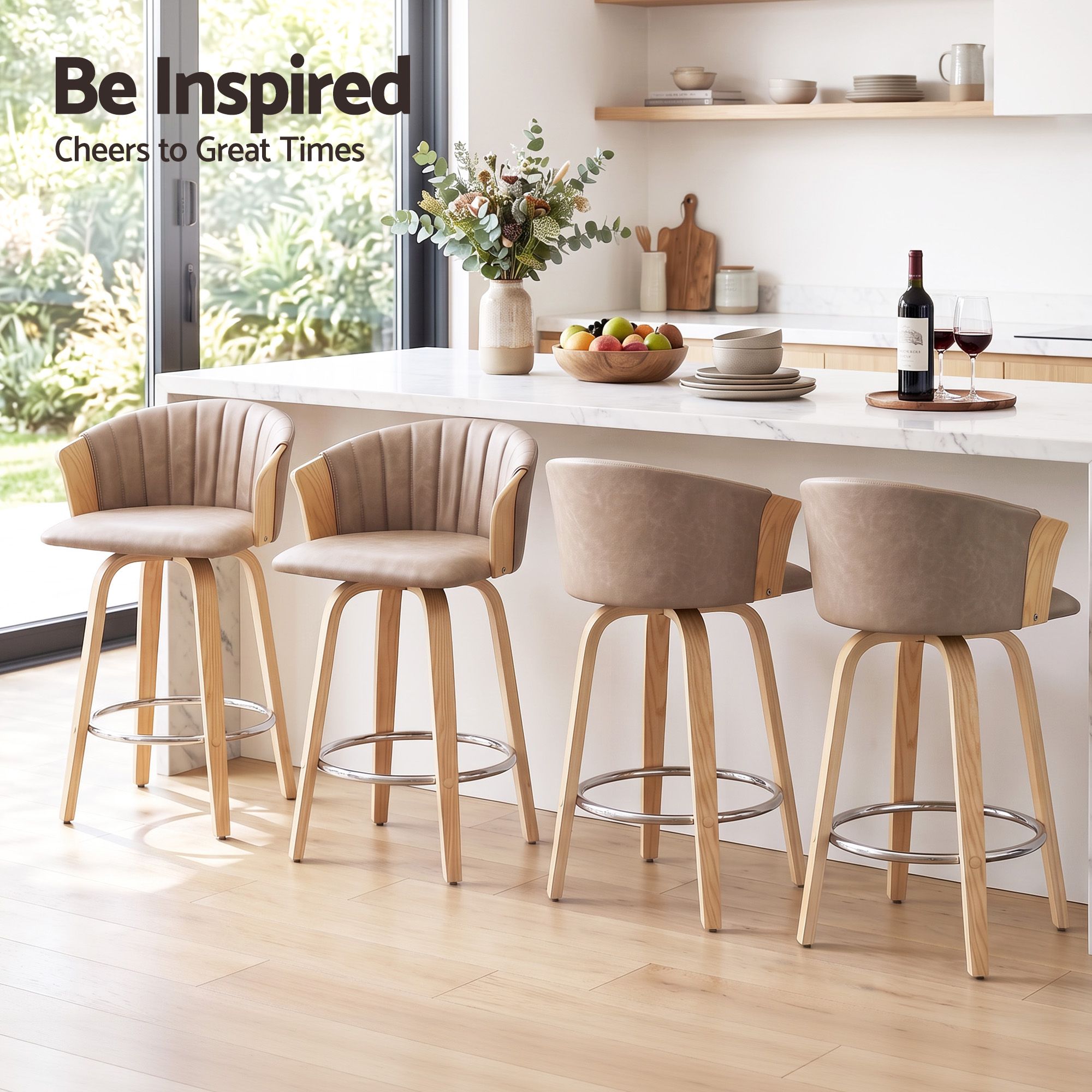 Artiss Wooden Bar Stools Set of 4 Swivel Kitchen Counter Stools Chair 66cm Khaki Bedworld